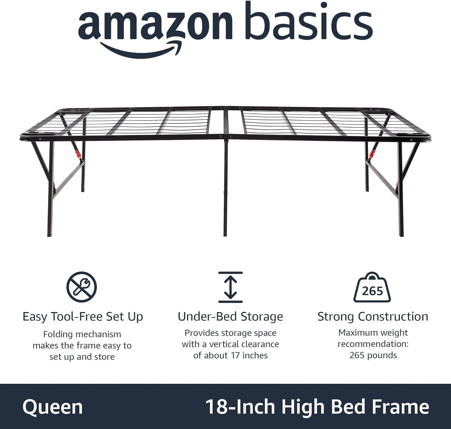 NEW - Amazon Basics QUEEN Foldable Metal Platform Bed Frame with Tool Free Setup, 18 Inches High, Sturdy Steel Frame, No Box Spring Needed, Black - Retail $155
