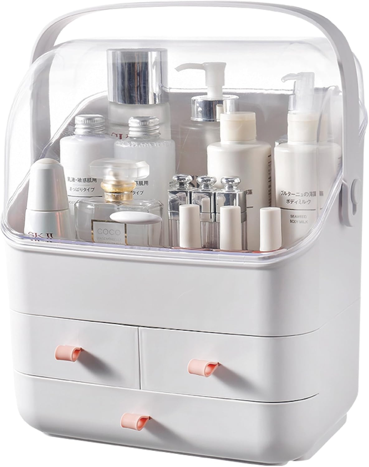 BRUUN Skin Care Cosmetic Storage Bin WHITE, A Large White Colored Dust and Water Proof Makeup Box with a Fully Open Lid & Drawers to Hold Brushes, Lotions, etc. for Countertop, Vanity, and Bathroom Dresser - Retail $35
