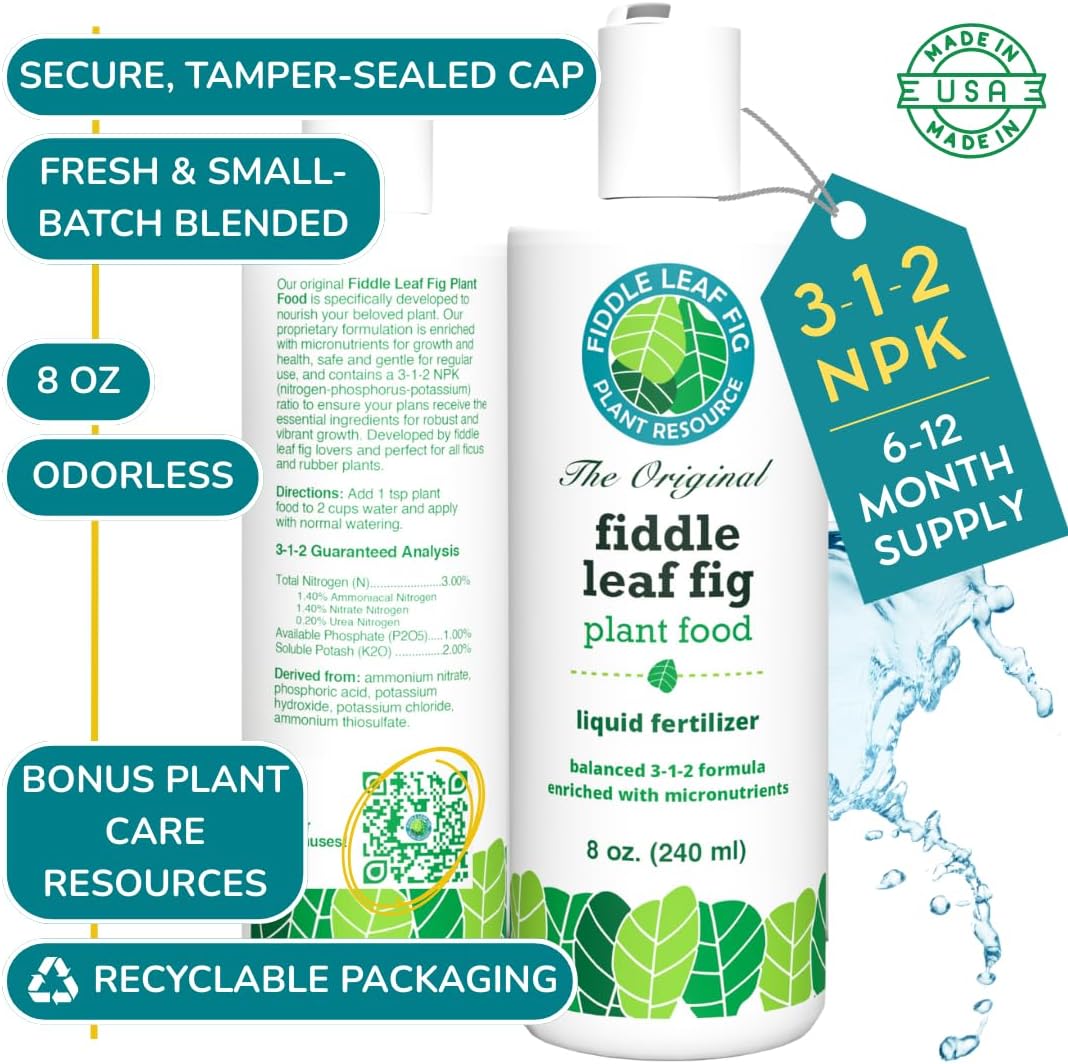 Fiddle Leaf Fig Plant Food – 3‑1‑2 Balanced NPK Liquid Fertilizer for Larger Leaves, Stronger Roots & Steady, Vibrant Growth | Suitable for All Ficus Including Ficus Lyrata | Made in USA | 8 oz