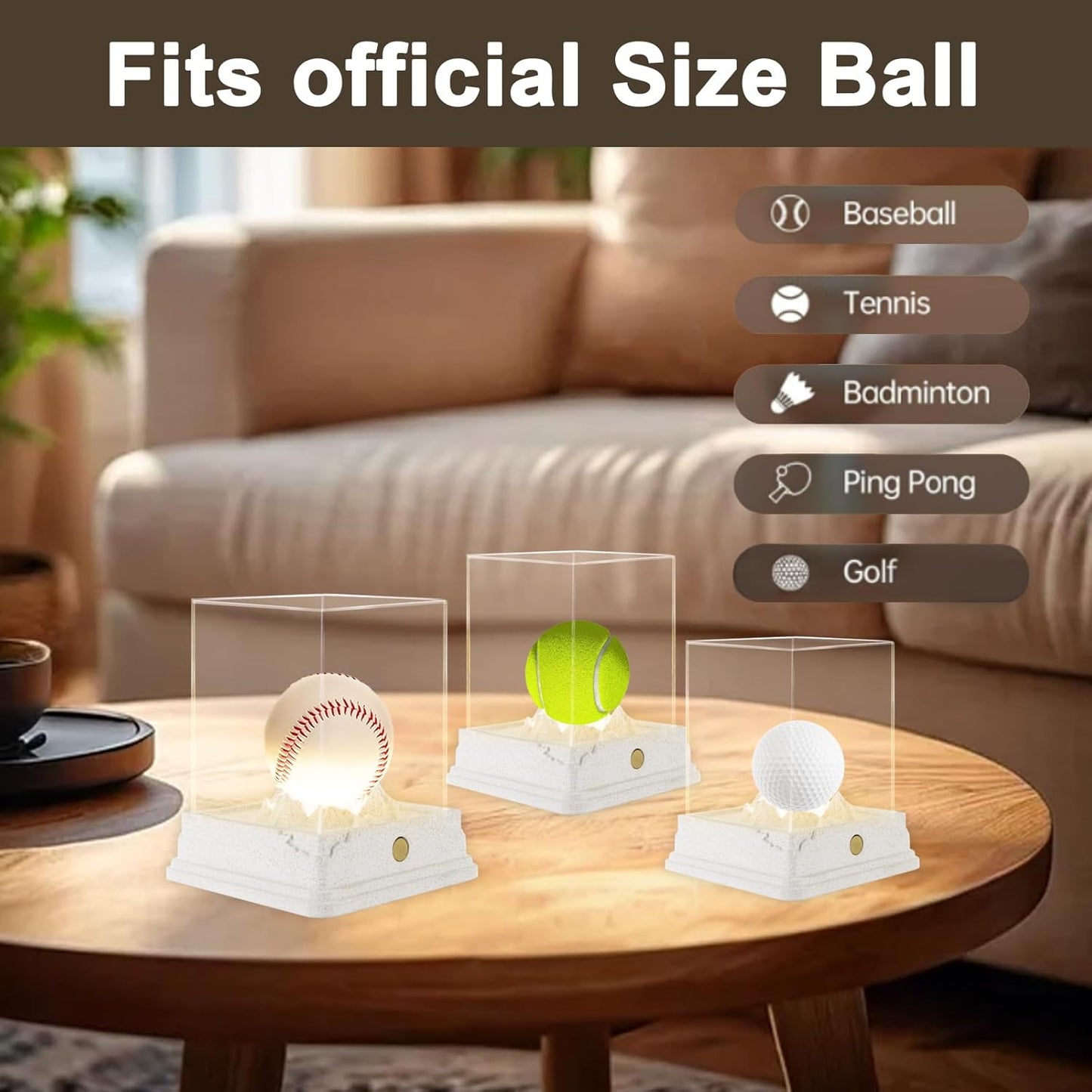 Baseball Display Case with LED Light, Rechargeable 3-Color Dimmable Lighting (3000K-6000K) with UV Protection & Weighted Concrete Base, Memorabilia Stand for Softball, Tennis, Golf