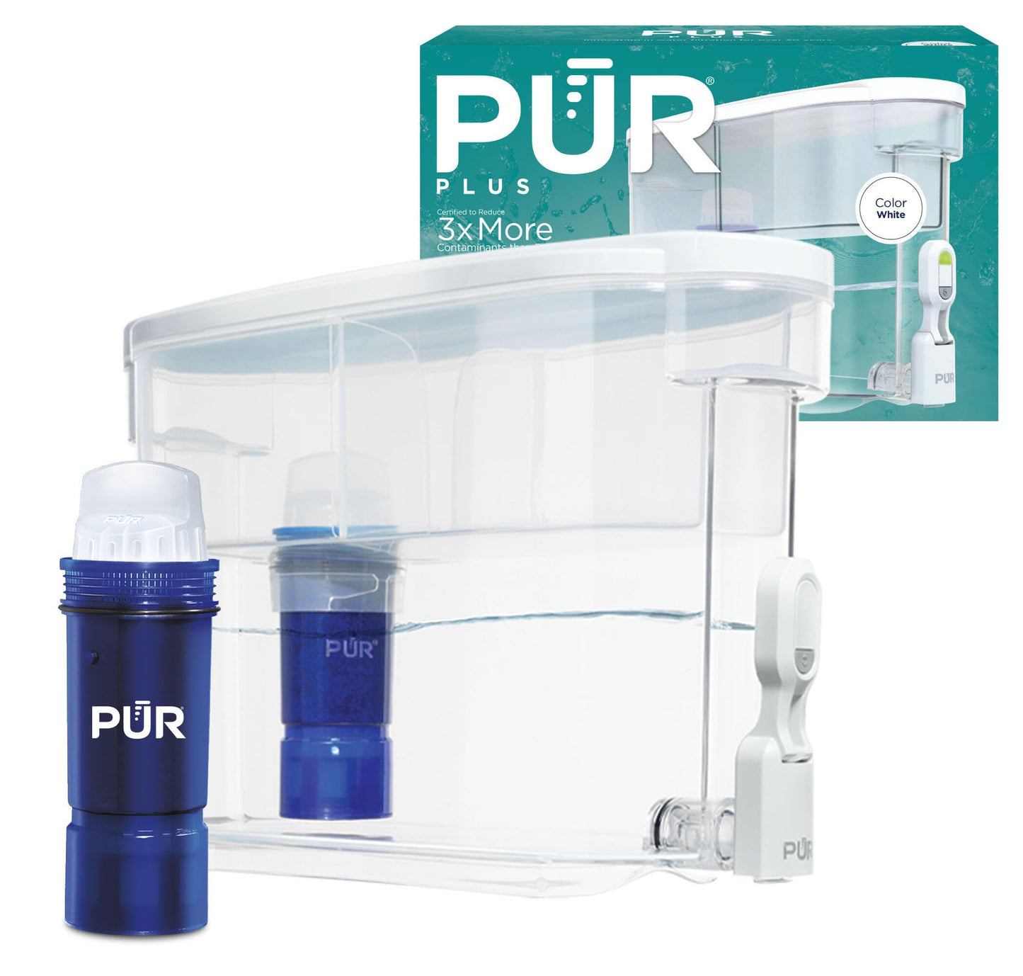 NEW - PUR PLUS 30-Cup Water Filter Dispenser with 1 Lead-Reducing PUR PLUS Filter, Dishwasher Safe, Powerful Filtration, Large Capacity with Slim, Space-Saving Design, White (DS1811Z)