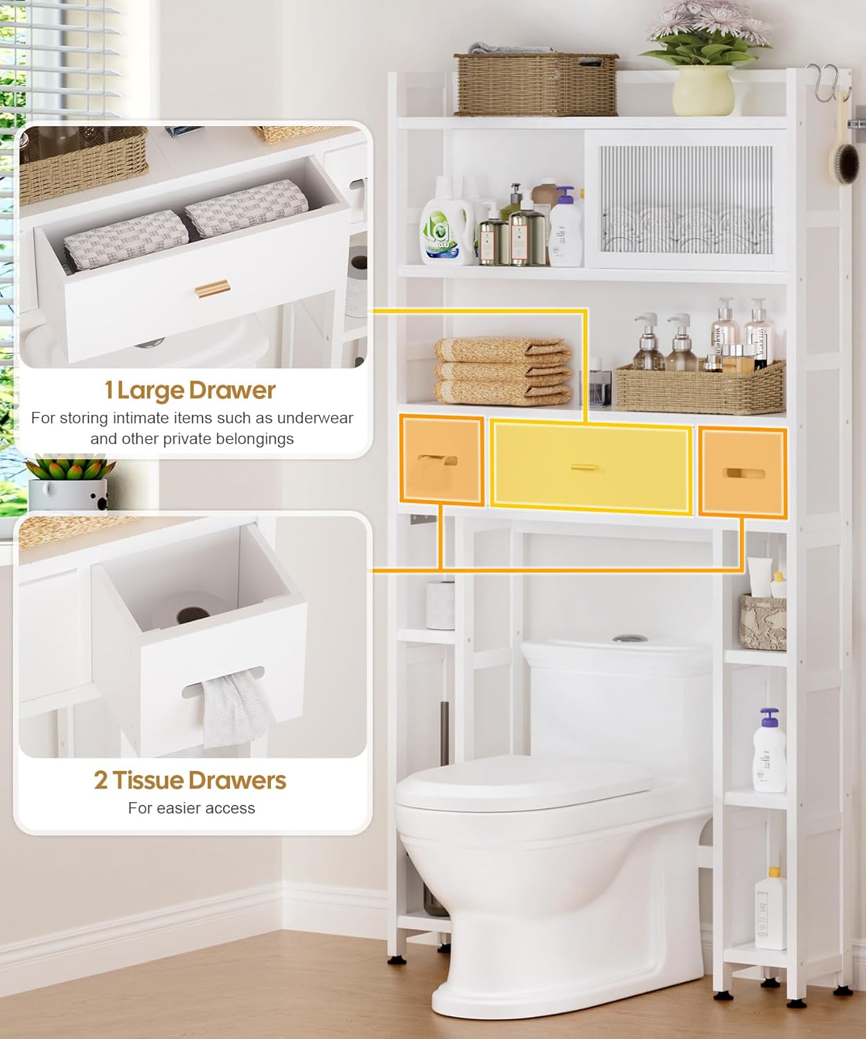 Over The Toilet Storage Cabinet with Acrylic Sliding Door Panel, Bamboo Organizer Shelf with 2 Paper Drawers and 1 Big Drawer,Space Saver Rack for Bathroom (White)