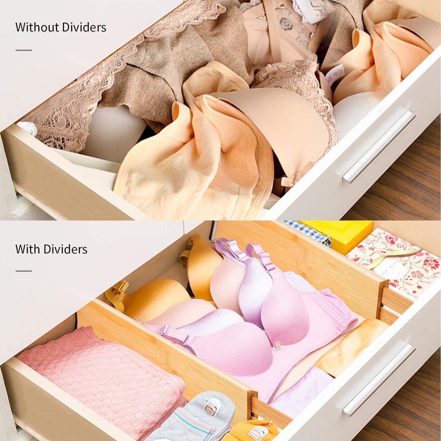 4 pcs Bamboo Kitchen Drawer Dividers, Adjustable Drawer Organizers, Spring Loaded, Works in Kitchen, Dresser, Bathroom, Bedroom, Drawer, Desk