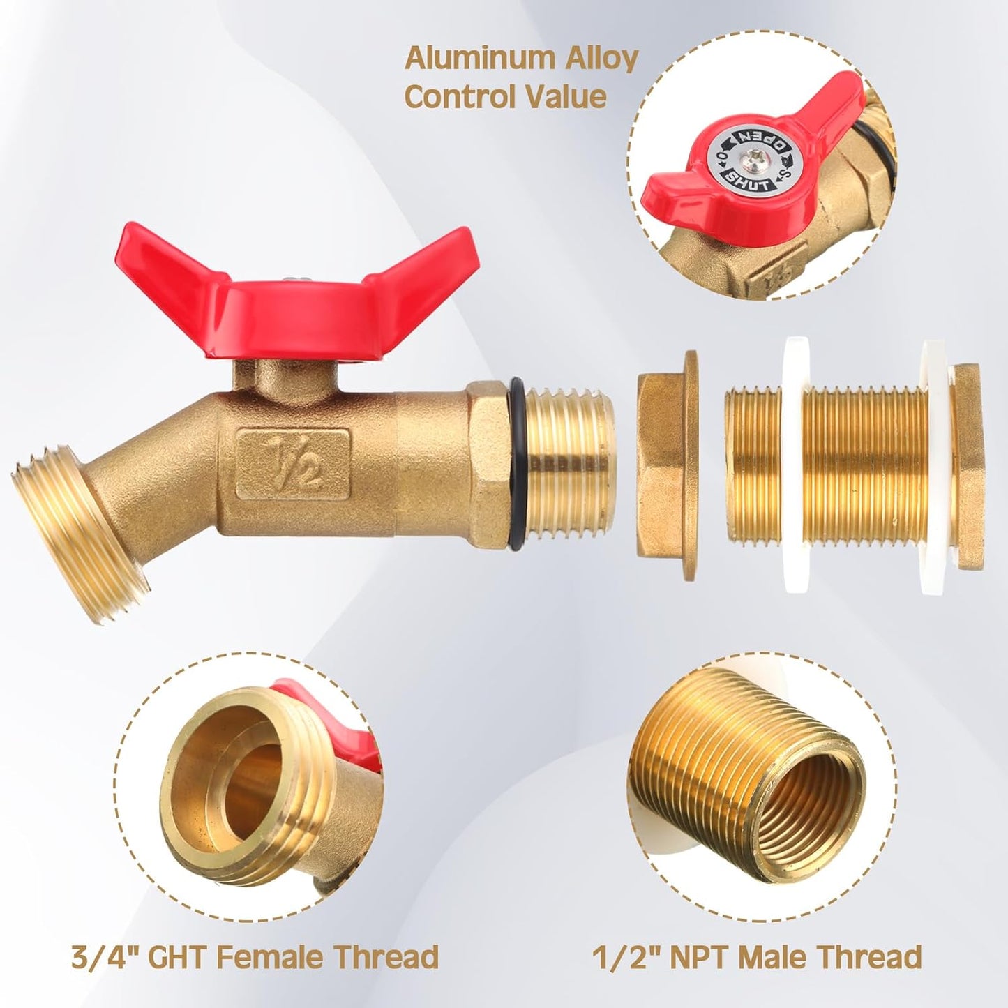 JaGely 3 Sets Brass Rain Barrel Spigot Kit with Heavy Duty Bulkhead Fitting Quarter Turn Ball Valve Rain Barrel Faucet for Aquariums, Water Tanks, Tubs, Pools(Red)
