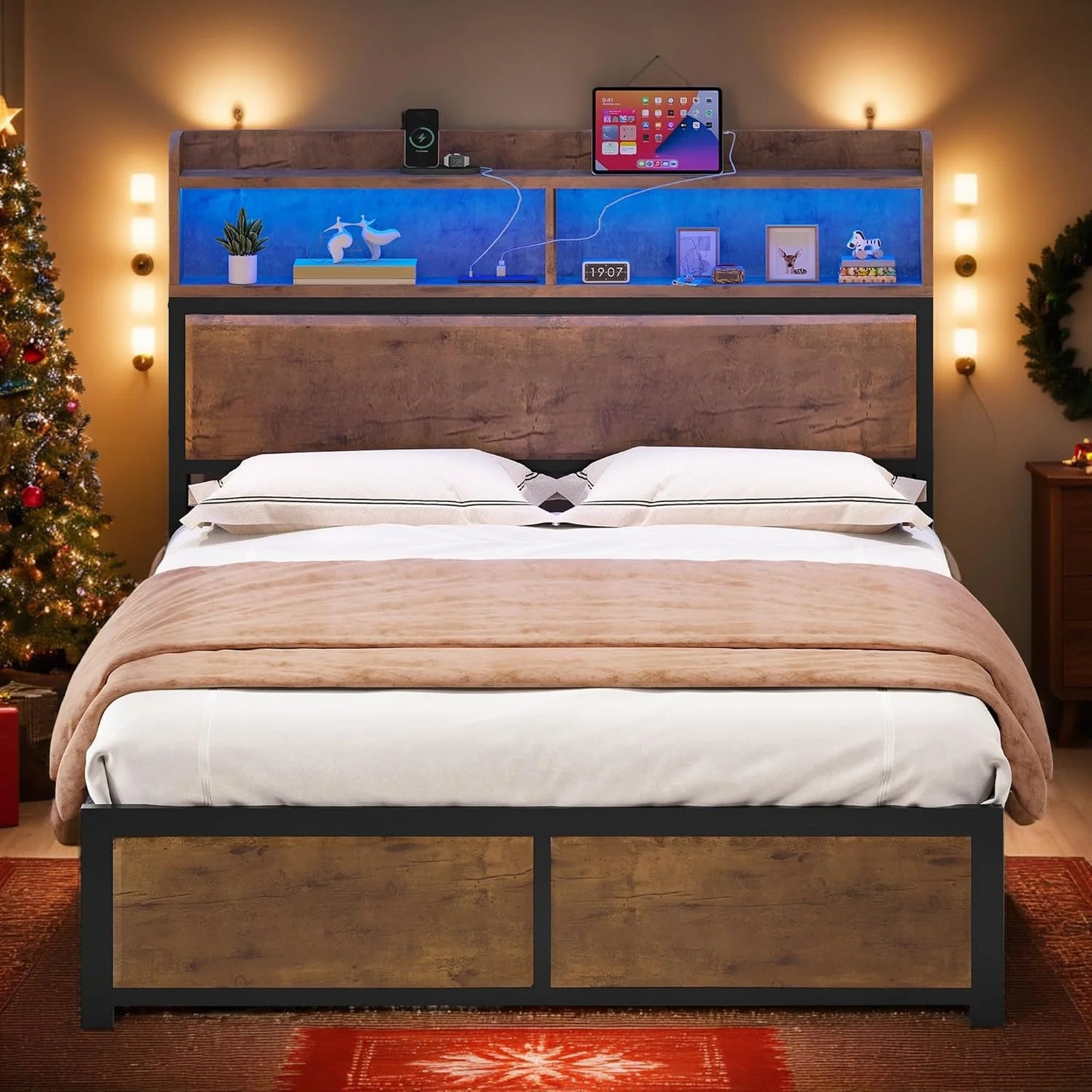 YITAHOME Queen Size Bed Frame,LED Bed Frame with Headboard,USB Ports & Charging Outlets,Metal Platform Bed Frame with 2 Tiers Storage Shelves, No Box Spring Needed, Vintage Grey