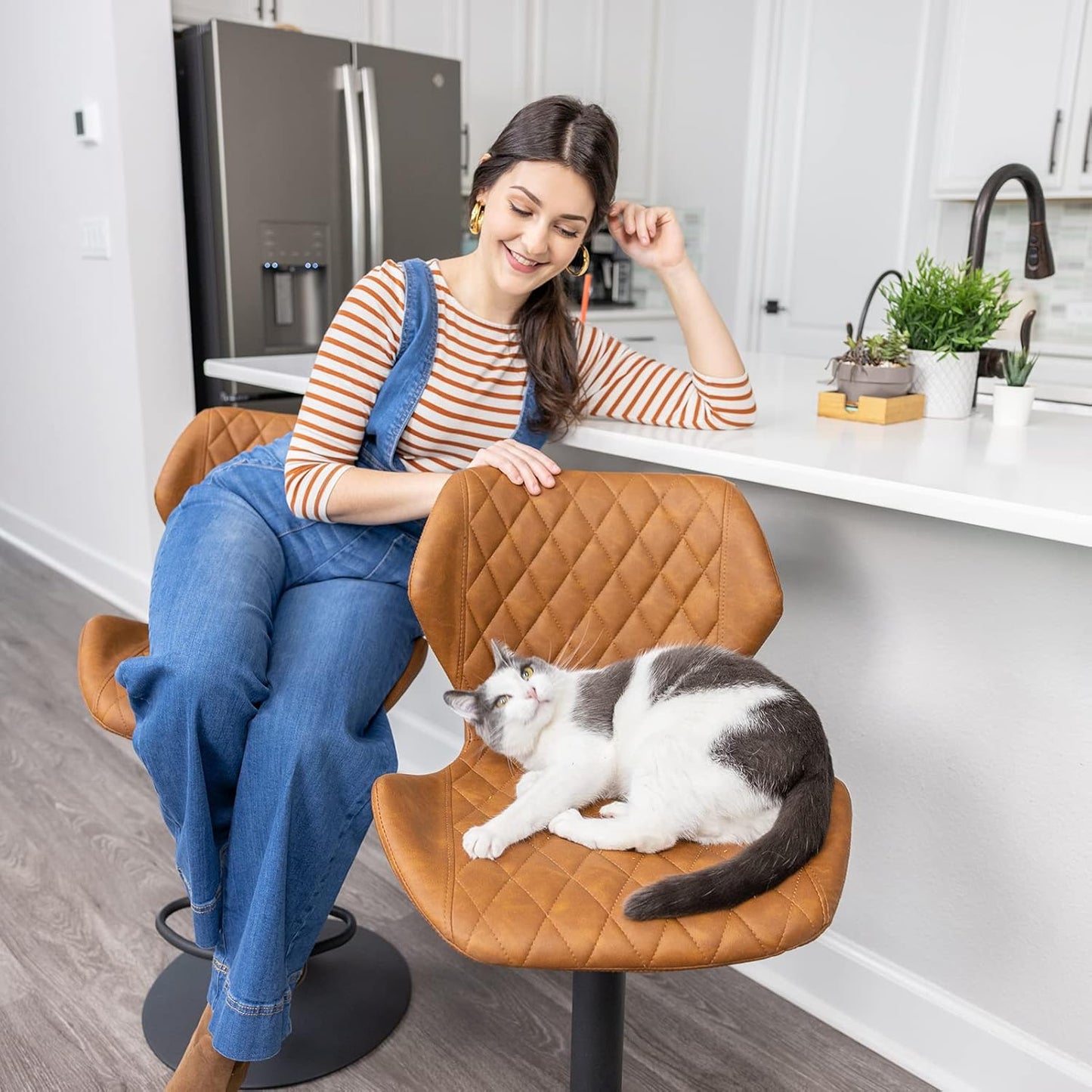 NEW - SUPERJARE Adjustable Bar Stools Set of 2, Rustic Swivel Barstools with Back, Modern Counter Height Chairs for Pub Kitchen, Brown - Retail $150