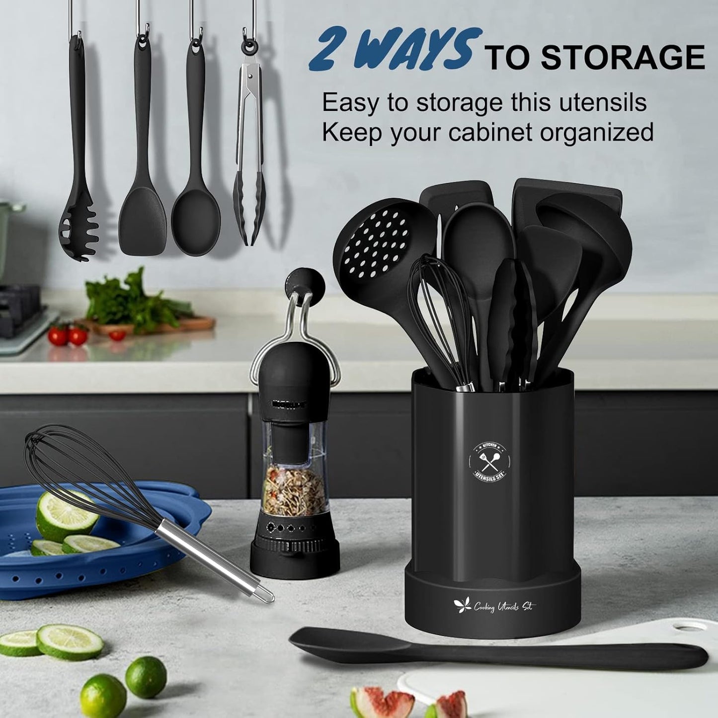 Silicone Kitchen Cooking Utensil Set, Fungun 25 Pcs Kitchen Utensils with Spatula, Spoon, Turner, Tongs, Heat Resistant Kitchen Gadgets Tools Set for Nonstick Cookware Black (Dishwasher, BPA Free)