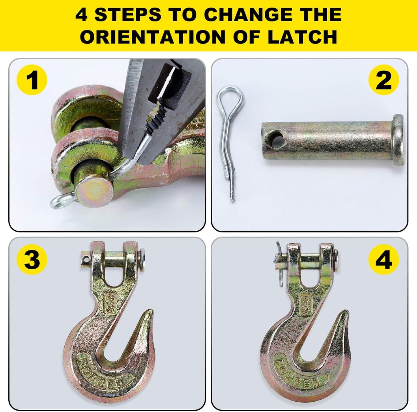 G70 3/8 Chain Hook Heavy Duty Clevis Grab Hook for 3/8 Inch Grade 70 Chain - for Trailer Truck Transport Yellow Chromate Finish (4Pack)
