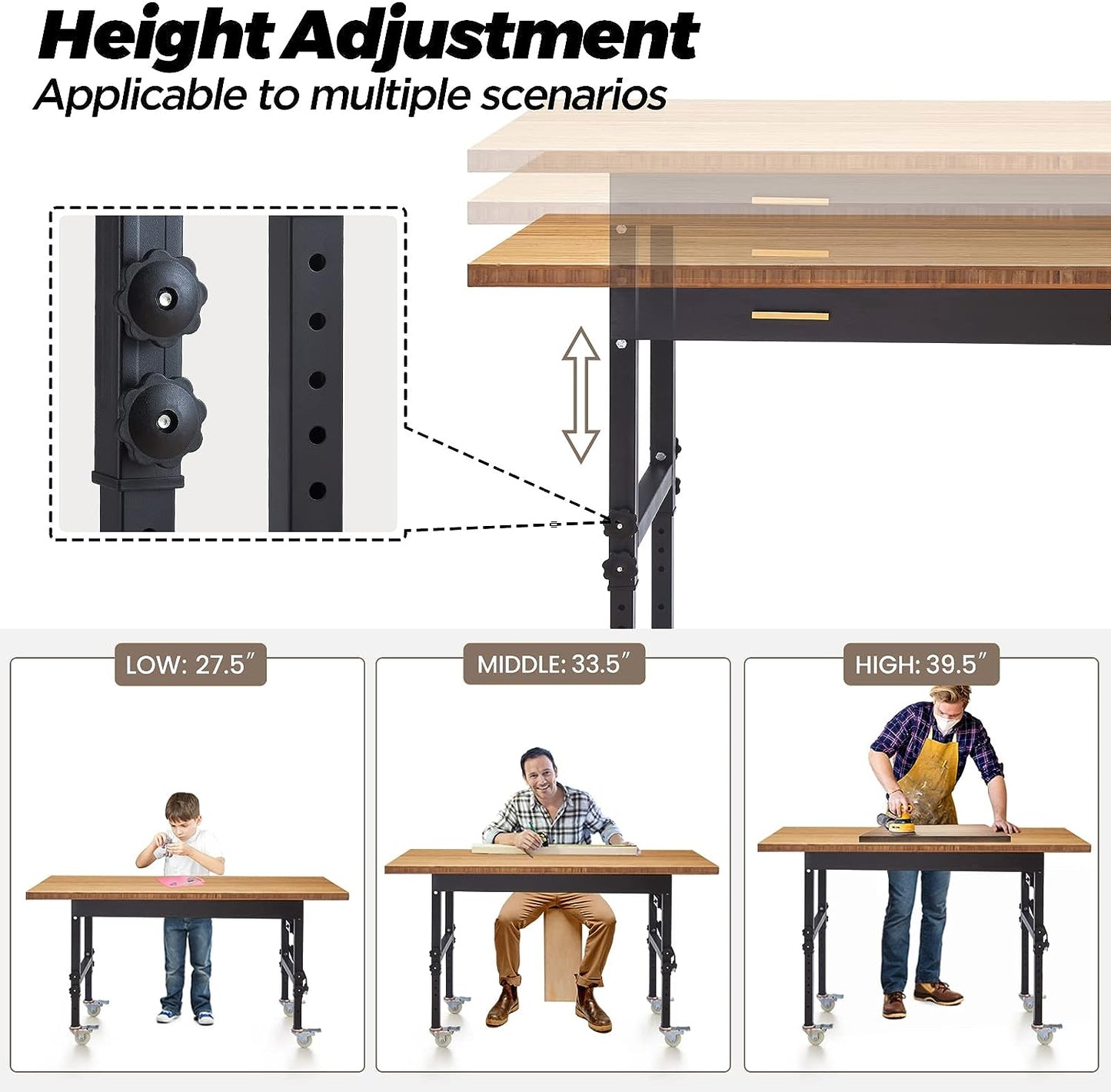 NEW - Workbench for Garage Workbench with Drawer Garage Workbench with Height Adjust with Power Outlet with Wheels 59" x 23.6" 1.5" Thick Bamboo Top 2700lbs Capacity Workbench for Home - Retail $499