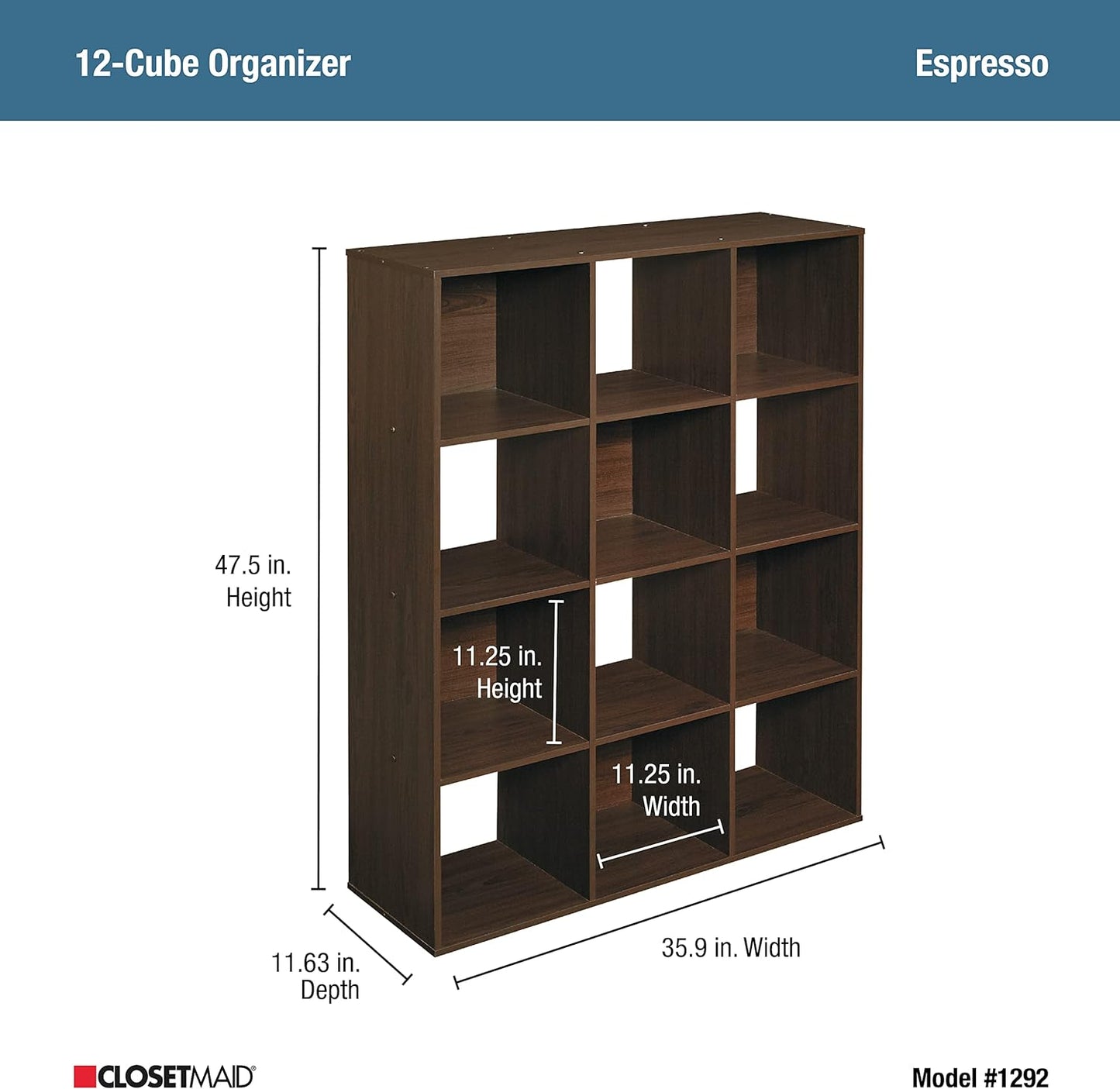 NEW - ClosetMaid 1292 Cubeicals Organizer, 12-Cube, Espresso - Retail $126