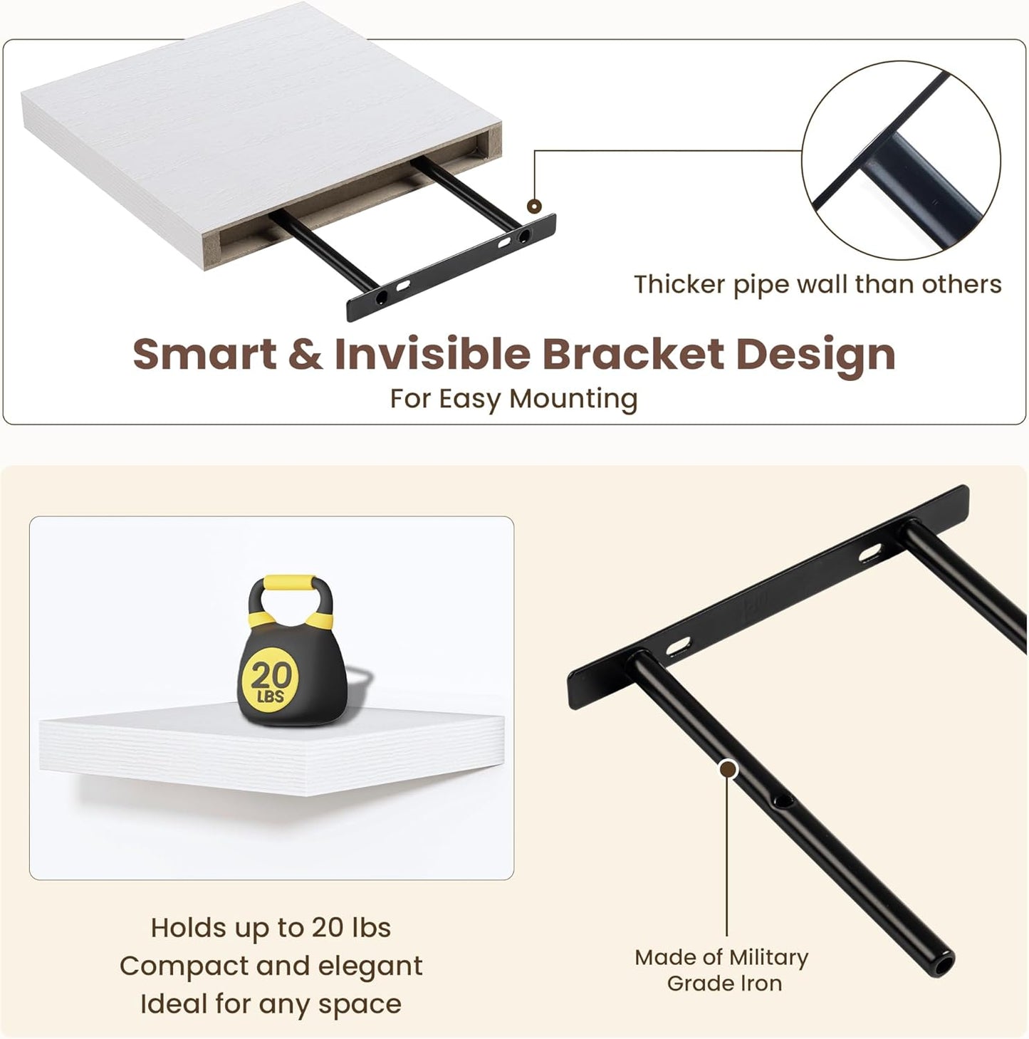 Fun Memories Floating Shelves for Wall Set of 3 - 12 Inch Square Shelves with Invisible Brackets, Small Wall Shelf for Living Room, Bathroom, Bedroom, and Kitchen Decor，Set of 3