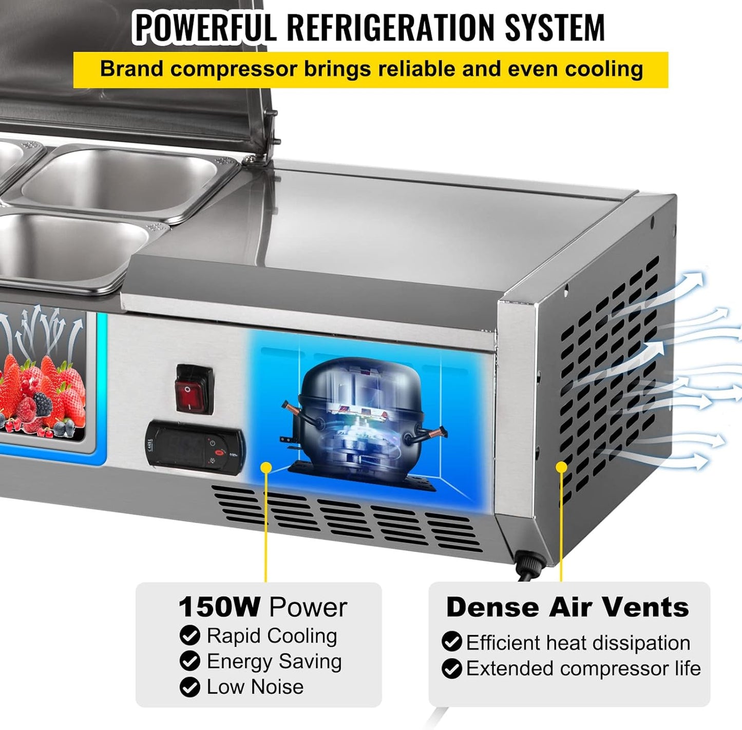 NEW - VEVOR Refrigerated Condiment Prep Station, 71-Inch, 19.8Qt Sandwich/Salad Prep Table with 5 1/3 Pans & 4 1/6 Pans, 150W Salad Bar with 304 Stainless Body and Cover Temp Adjuster One-Click Defrosting - Retail $899