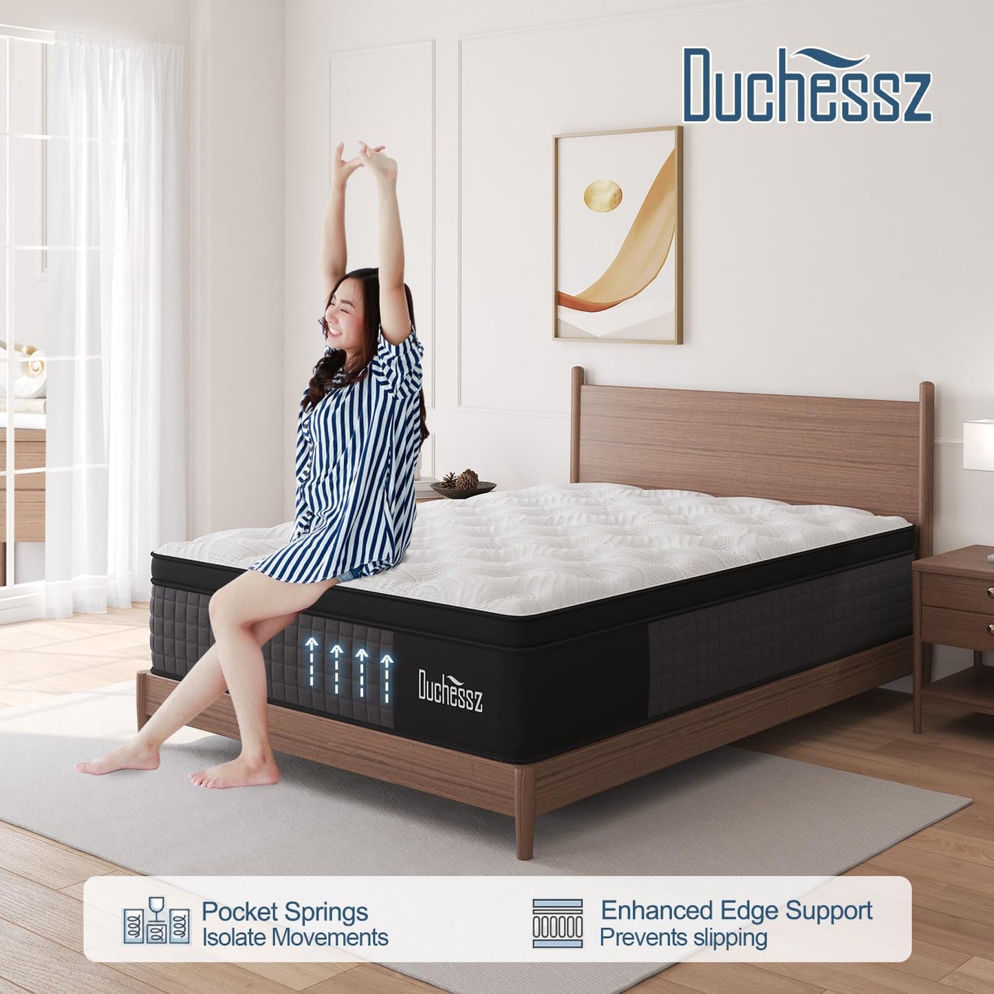 NEW - Duchessz King 14 inch Hybrid Mattress Black with Gel Memory Foam and Individually Pocket Innerspring Euro Top Mattress Medium Firm for Motion Isolation, Edge Support - Retail $359