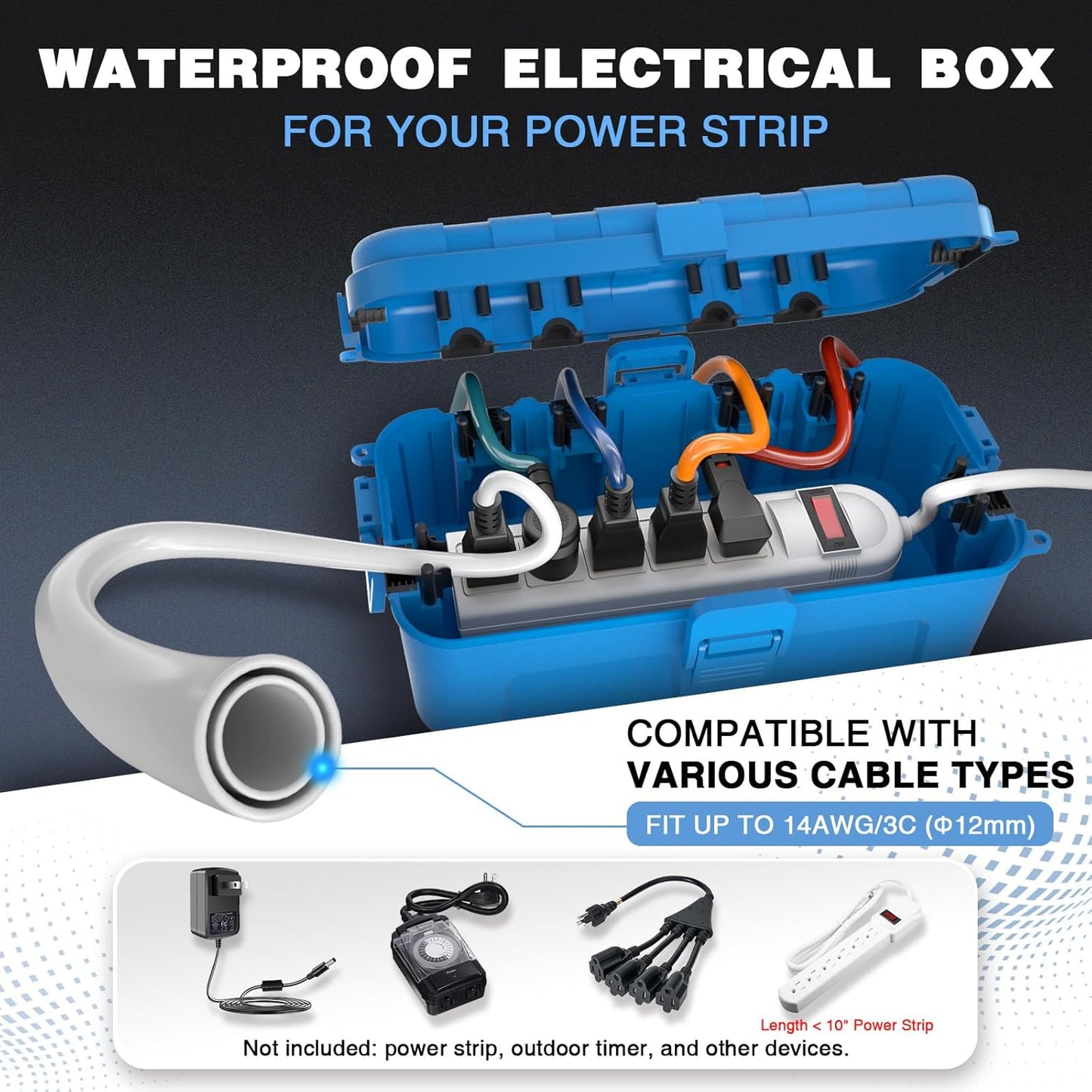 Flemoon [2 Pack] Outdoor Electrical Box Waterproof, Medium Weatherproof Electrical Box (11.5x5.2x4 inch) w/6 Cable Entry Ports, Extension Cord Cover for Power Strip, Timer, Plug, Holiday Light, Blue