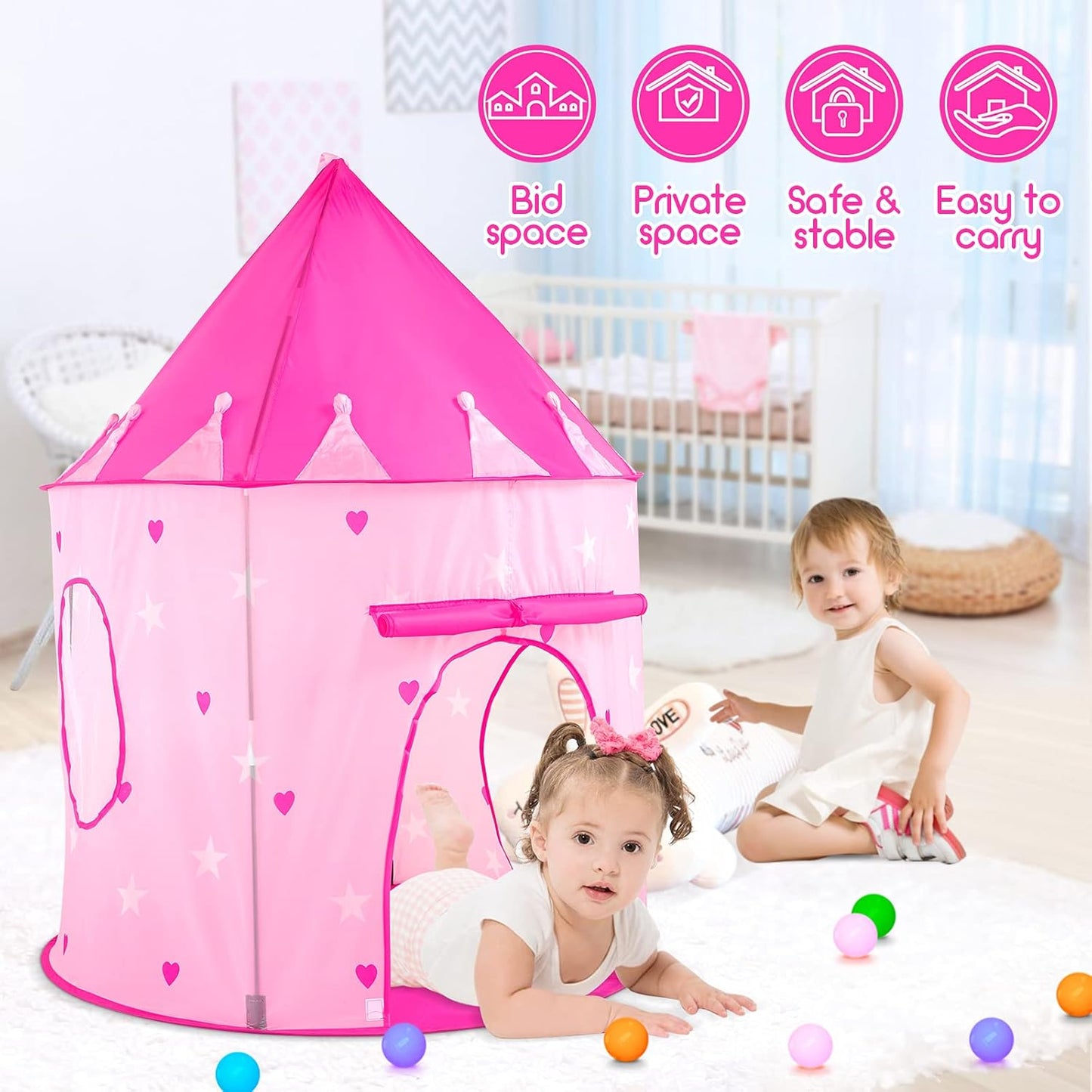PigPigPen 3pc Kids Play Tent for Girls with Ball Pit, Crawl Tunnel, Princess Tents for Toddlers, Baby Space World Playhouse Toys, Boys Indoor& Outdoor Play House, Perfect Kid’s Gifts