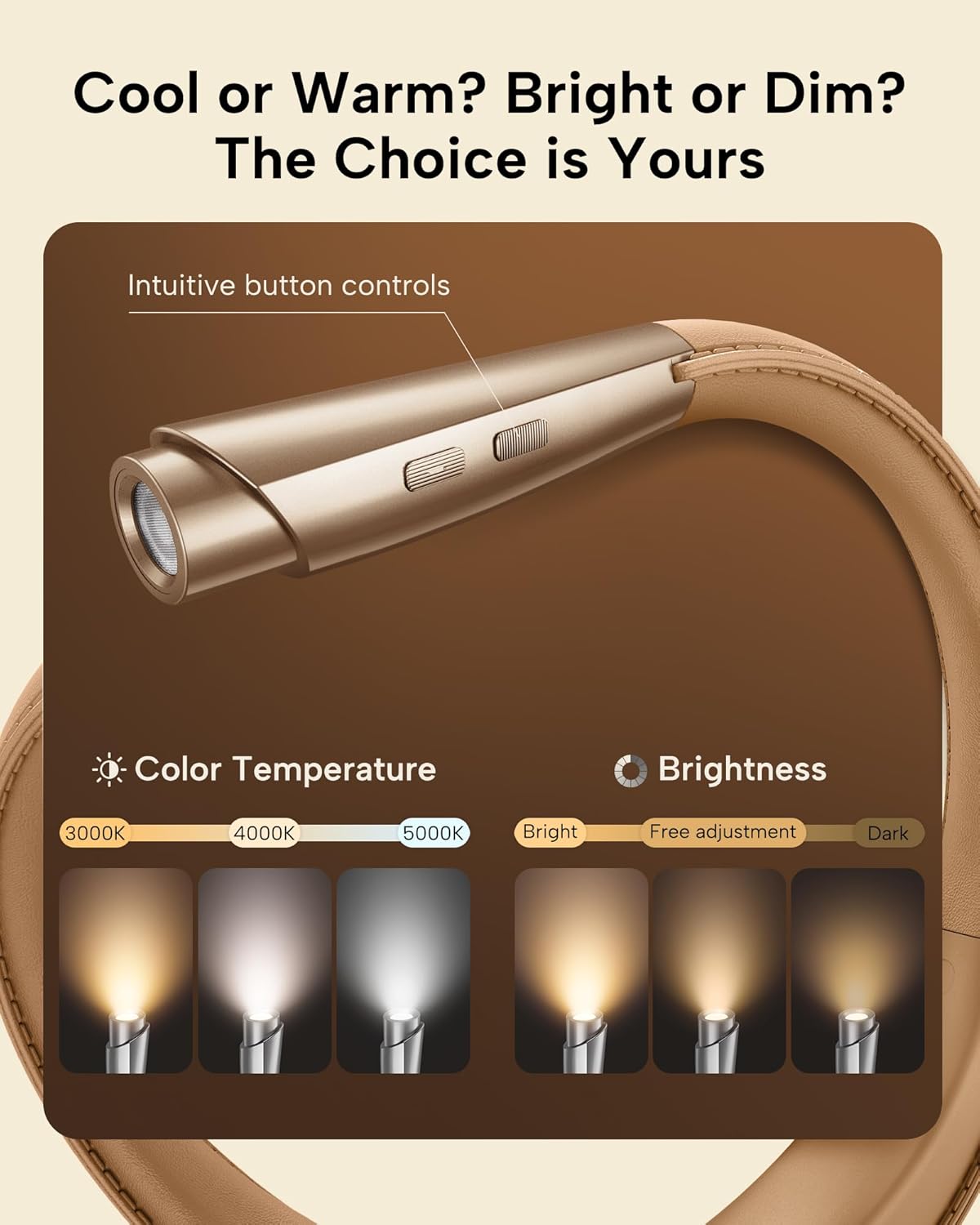 LED Neck Reading Light, Book Light for Reading in Bed, 3 Colors, 9 Brightness Levels, Lightweight Comfortable Design, Long Lasting, Perfect for Knitting,Crafting,Camping,Gold Rose