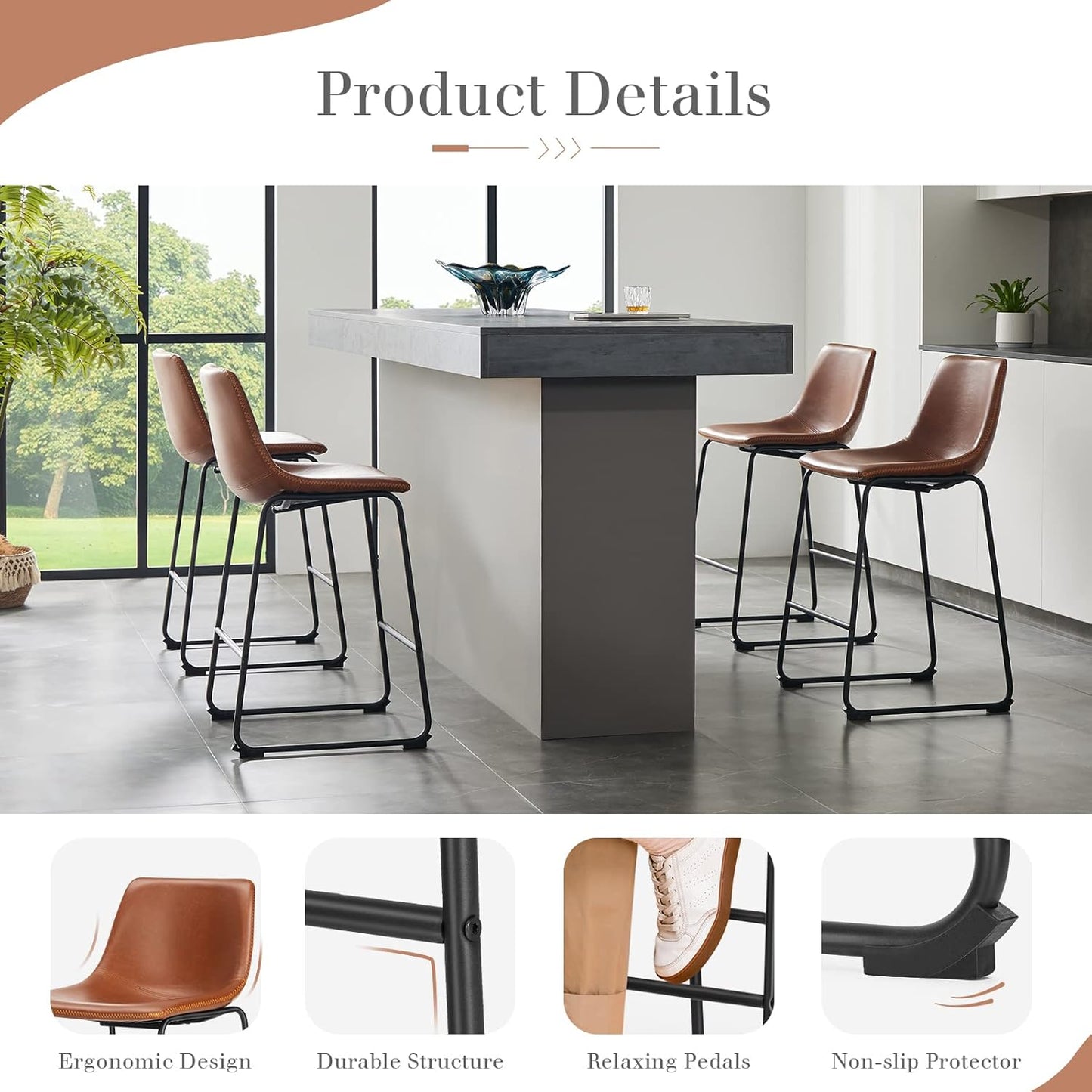 NEW - Sweetcrispy Counter Height Bar Stools Set of 4, Modern Counter Stool Faux Leather Barstools with Back, 26 inch Seat Height Island Stools Countertop Comfortable Brown Bar Chairs with Metal Legs - Retail $179