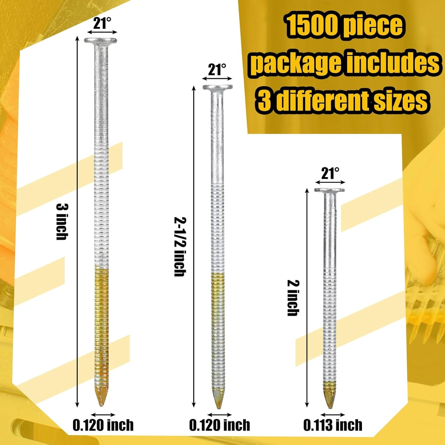 Therwen 1500 Count 21 Degree Framing Nails Ring Shank Nails for Use in All Pressure Treated Lumber, Flat D Head, Galvanized, Plastic Row Fixed (2" 2-1/2" 3")