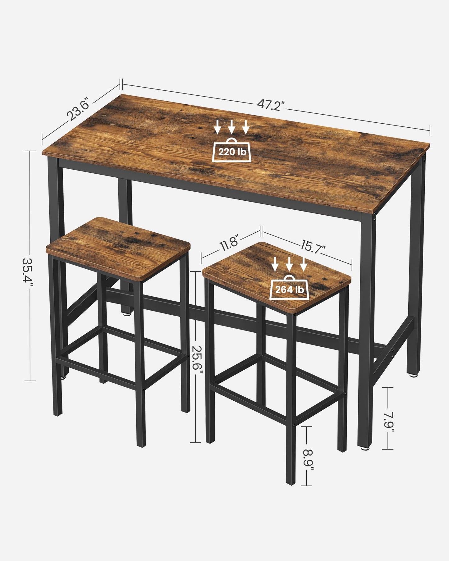 VASAGLE Bar Table and Chairs Set, Rectangular Table with 2 Stools, Dining Pub Set for 2
