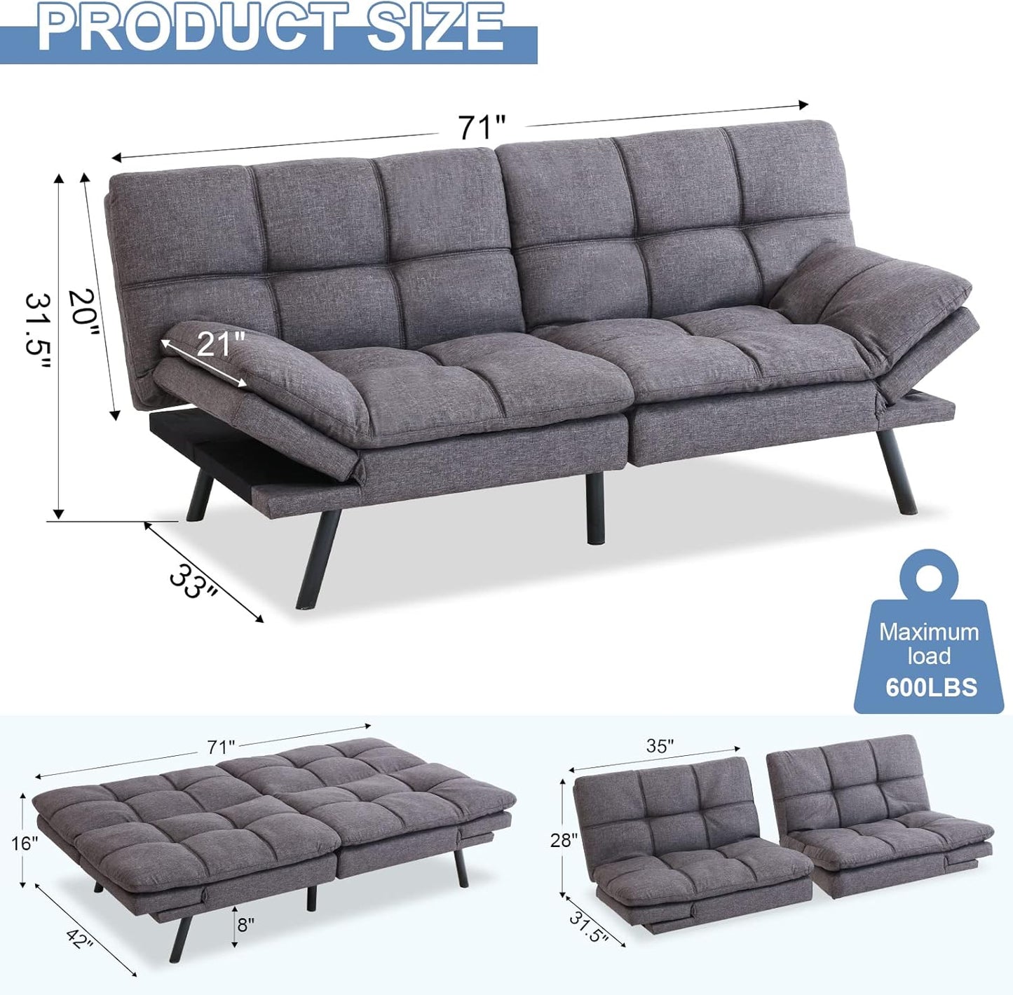 MUUEGM Futon Sofa Bed Couch Memory Foam Futon Convertible Couch Bed Sleeper,Modern Love Seat Daybed Sofa for Living Room,Small Space,Office,71",Adjustable Backrests Armrests,Grey
