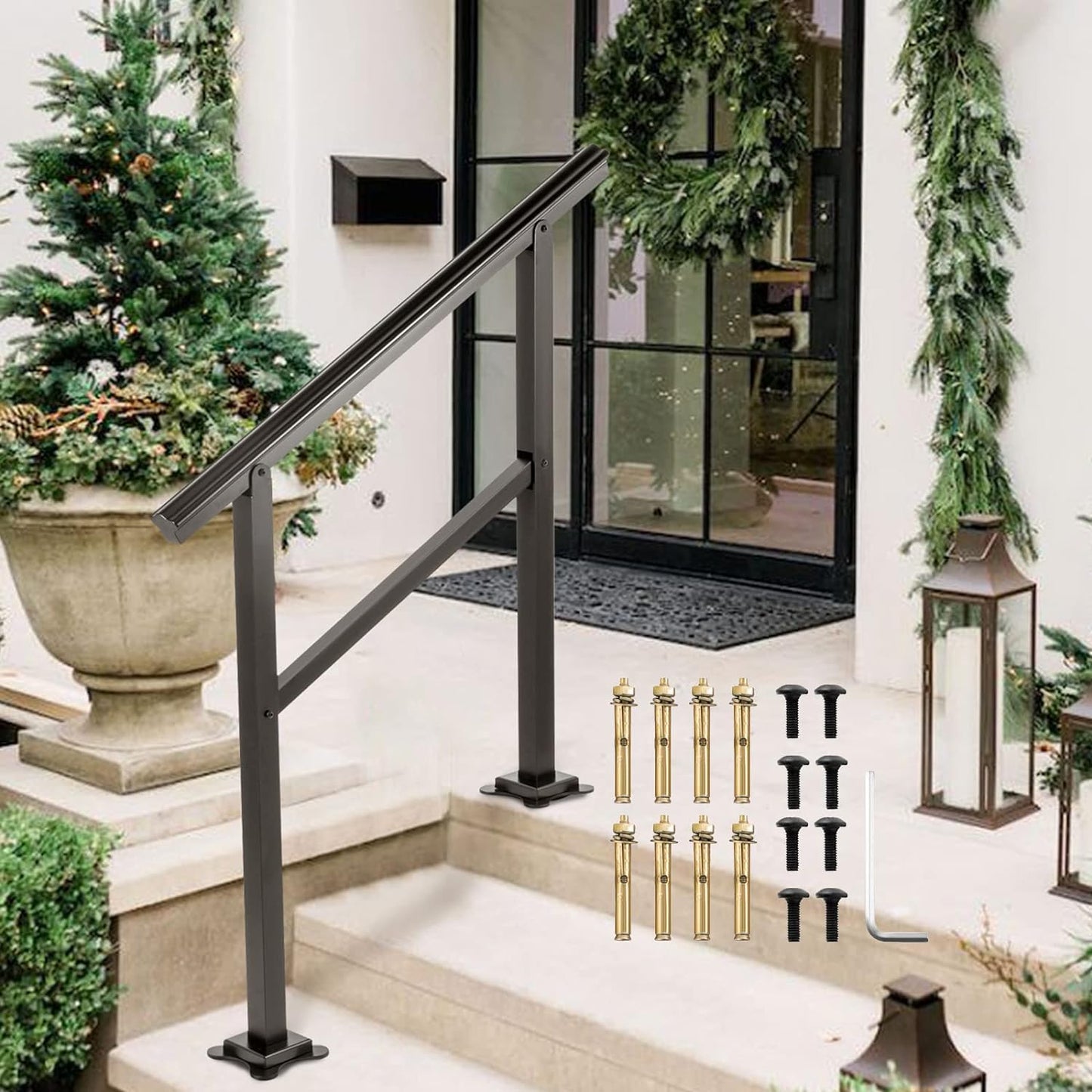 VEVOR Outdoor Handrail 165LBS Load Handrail Outdoor Stairs Aluminum Stair Handrail 36 x 35" Outdoor Stair Railing Transitional Range from 0 to 30Â° Staircase Handrail Fits 2-3 Steps with Screw Kit - Retail $69