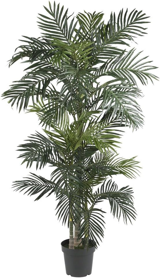 NEW - Nearly Natural 6.5FT Artificial Golden Cane Palm Tree, Fake Palm Tree with Three Realistic Trunks and 333 Lifelike Palm Leaves, Faux Palm Plant for Indoor Home Decor with Black Nursery Planter - Retail $89