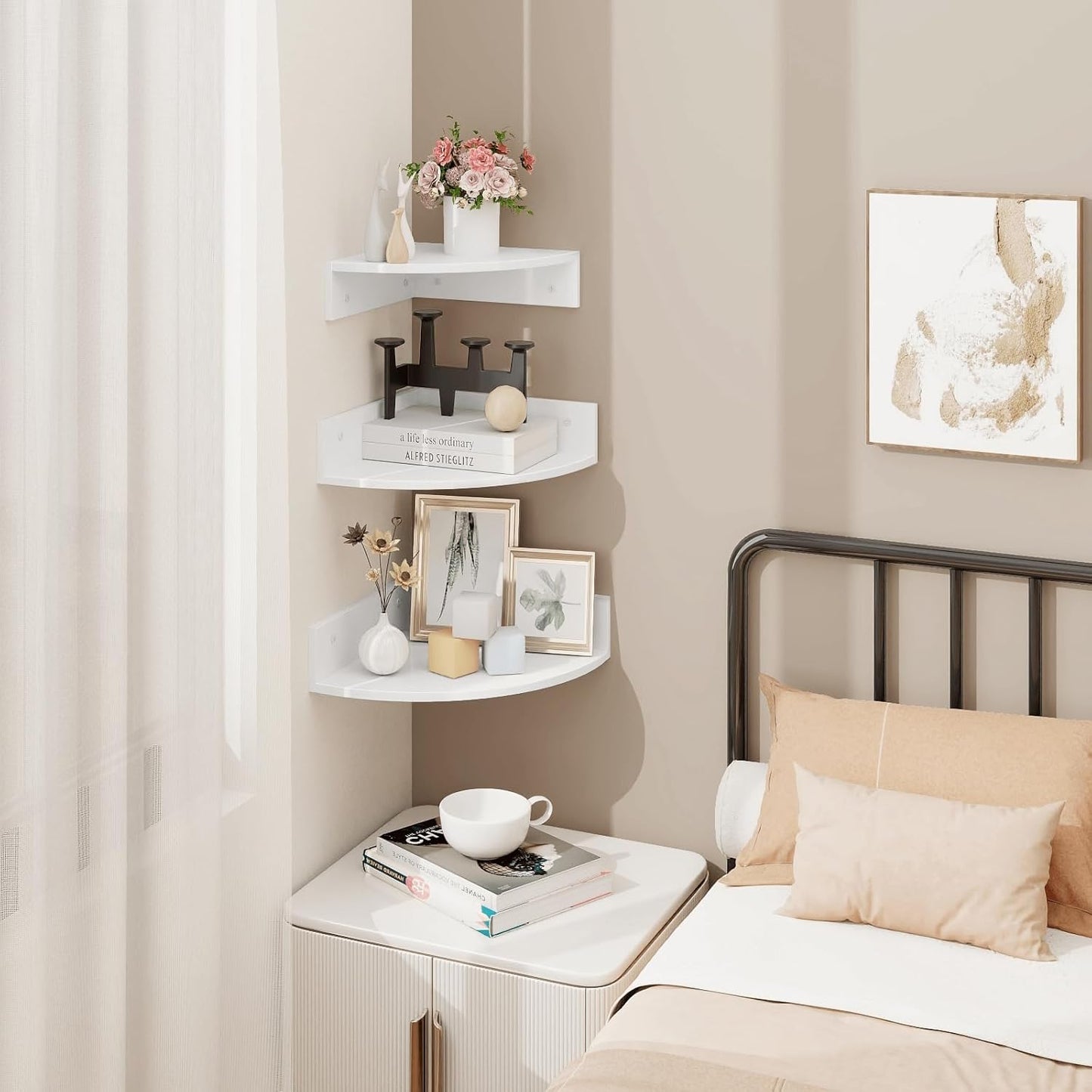 Homode White Floating Corner Shelves, Set of 3 Wood Corner Wall Shelves with Wire Hole, 12 Inch Deep