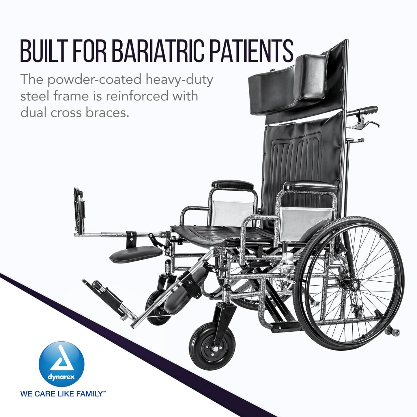 NEW - Dynarex Bari+Max Bariatric Reclining Wheelchair with Elevating Leg Rest, Extended Headrest, Foldable Frame - 24" Seat, 500 Pounds Weight Capacity - Retail $715