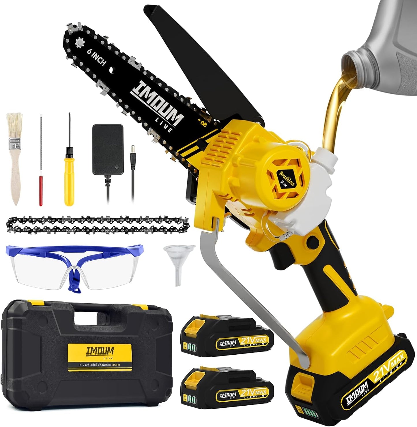 NEW - Mini Chainsaw Cordless 6'' with 2Ã—21V Battery, IMOUMLIVE Brushless Powerful Electric Small Hand Portable Chain Saw with Auto Oiler, Lightweight, 2.2 lbs, Handheld, Easy For Pruning, Cutting, Trimming - Retail $78