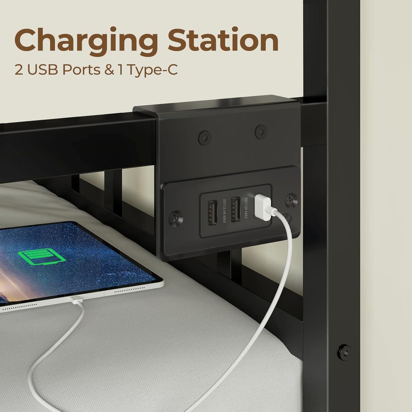 Rolanstar Daybed with Charging Station and LED Lights, Height Adjustable Twin Daybed with Trundle, Metal Sofa Bed Frame with Steel Slat Support for Living Room, Bedroom and Guest Room, Black