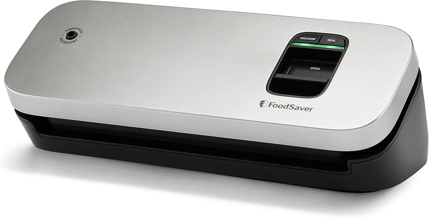 FoodSaver Space Saving Vacuum Sealer Machine with Sealer Bags and Roll for Airtight Food Storage and Sous Vide, Silver - Retail $79