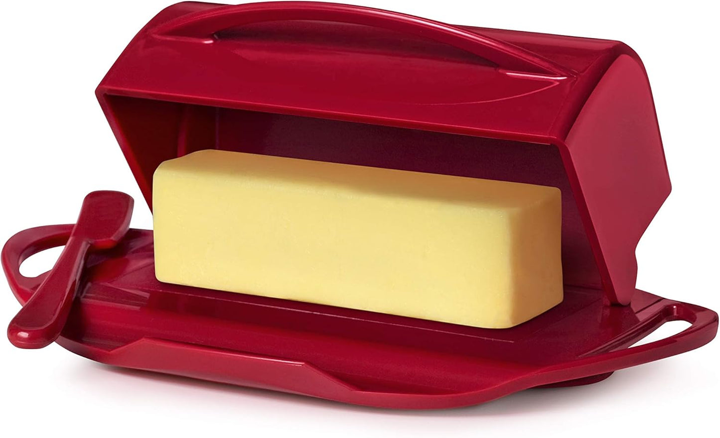 Butterie Flip-Top Butter Dish with Lid & Matching Knife, Holds 2 Sticks/European Butter, No-Mess Butter Holder, Shatterproof, Dishwasher Safe, Red - Retail $19