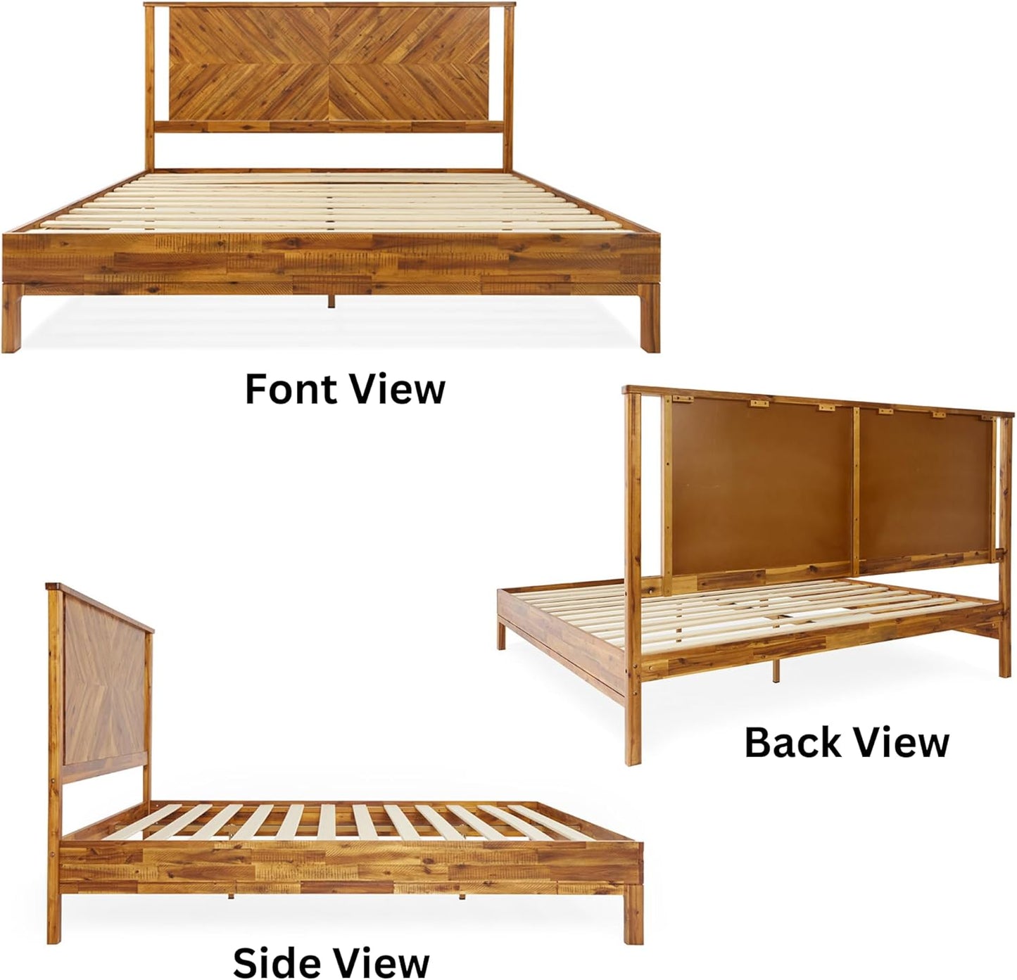 NEW - Bme Vivian King 14 Inch Deluxe Bed Frame with Headboard, Rustic & Scandinavian Style with Solid Acacia Wood, No Box Spring Needed, 12 Strong Wood Slat Support, Easy Assembly, King, Rustic Golden Brown - Retail $400