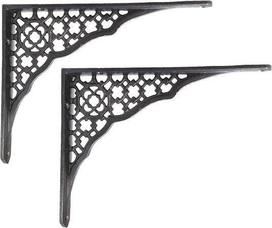 NACH Decorative Shelf Brackets, 2 Pack of 6.5 x 1 x 8.5 inch, Black Cast Iron Shelf Support Bracket - Metal Shelf Brackets for Wall - Lattice Shelf Bracket