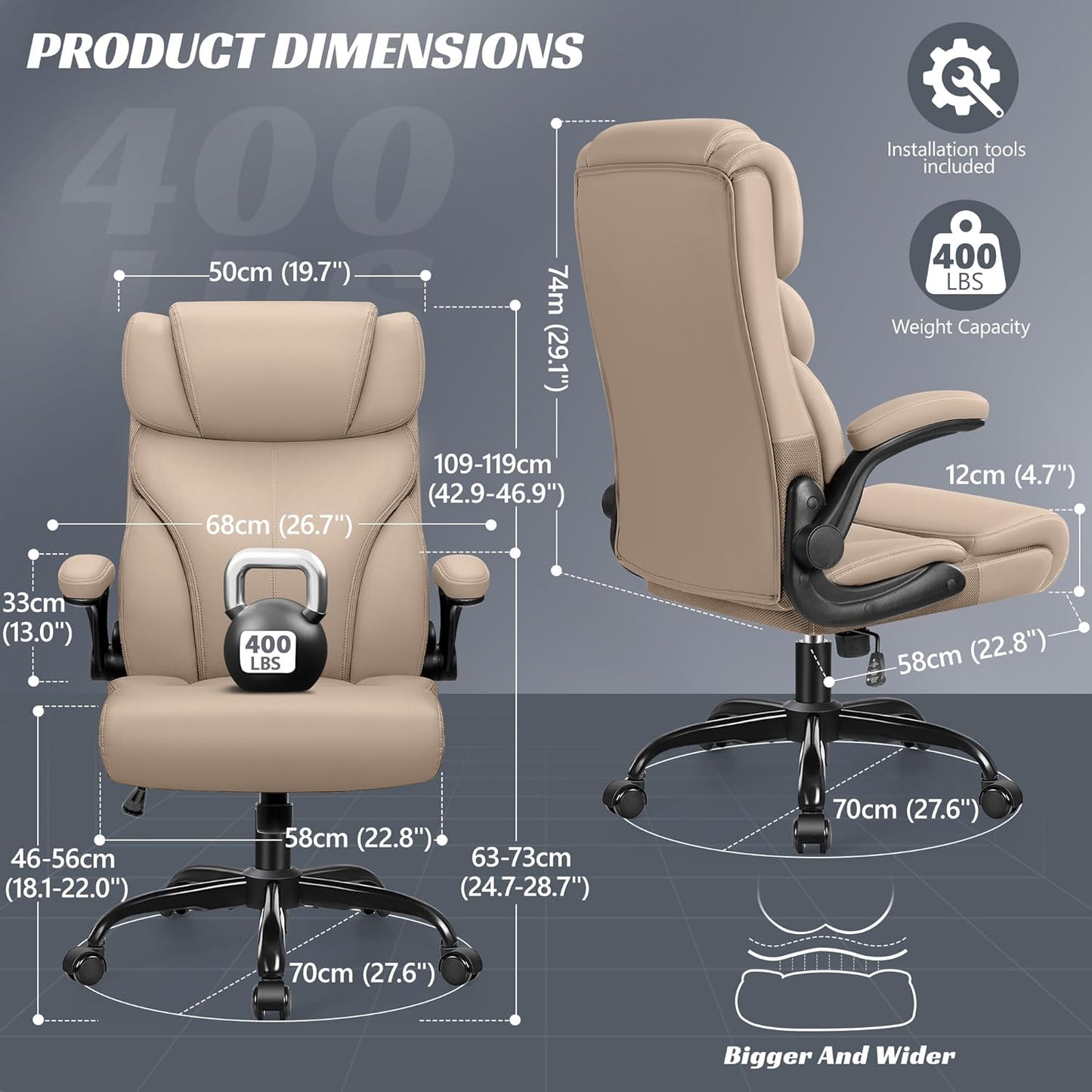 Office Chair, Ergonomic Big and Tall Computer Desk Chairs, Executive Breathable Leather Chair with Adjustable High Back Flip-up Armrests, Lumbar Support Swivel PC Chairs with Rocking Function - Retail $170