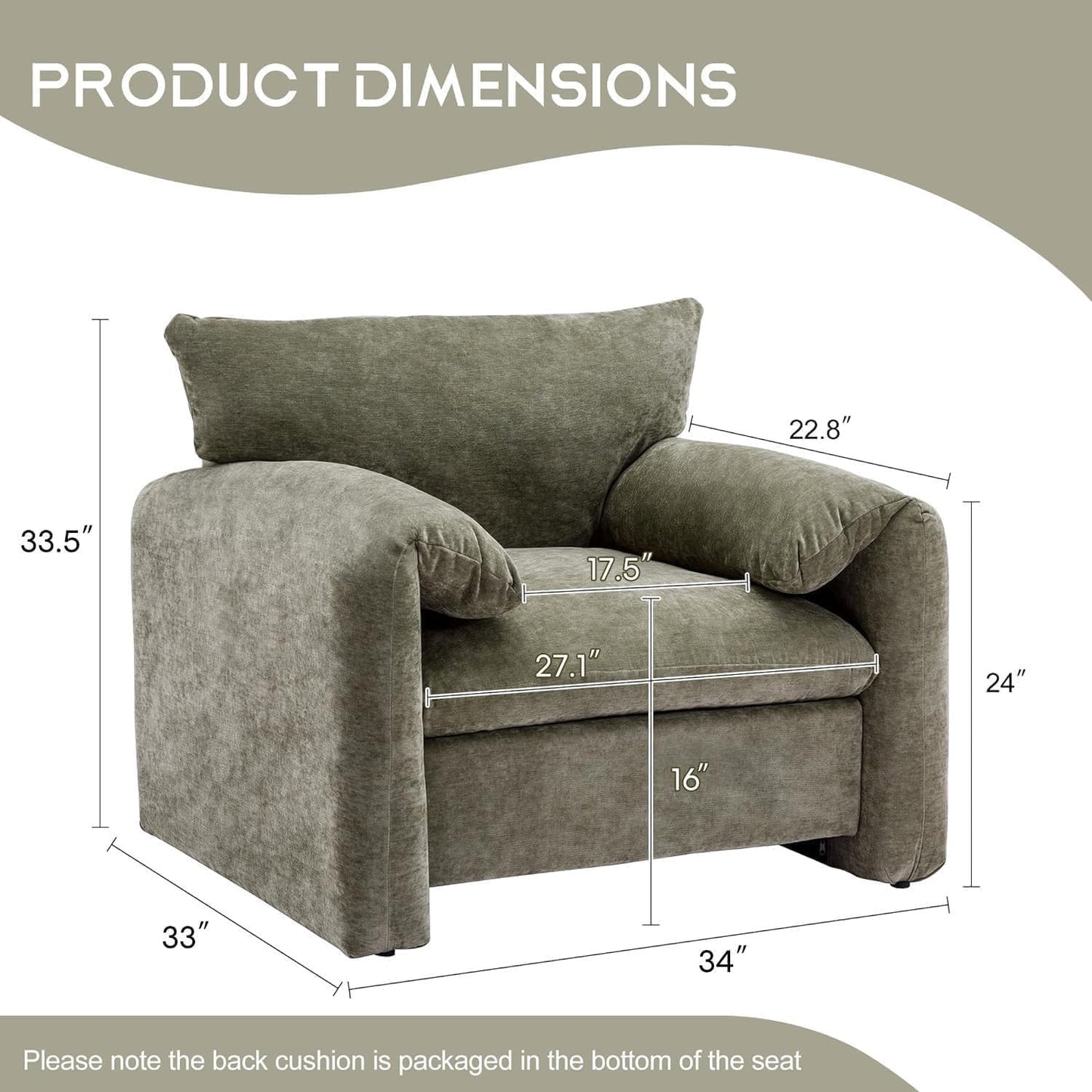 NEW - Miscoos Chenille Oversized Armchair - Modern Accent Chair & Single Sofa Lounge, 34'' Wide, Comfortable Seating for Living Room & Bedroom, Green - Retail $290