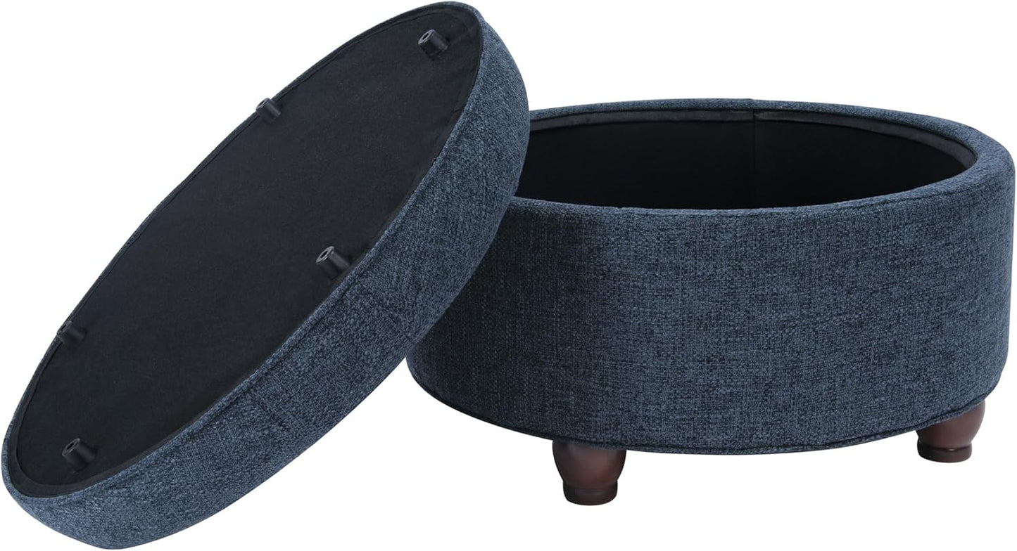 Homepop Home Decor | Large Button Tufted Woven Round Storage Ottoman for Living Room & Bedroom (Navy Woven) 25 inch D x 25 inch W x 15 inch H - Retail $142