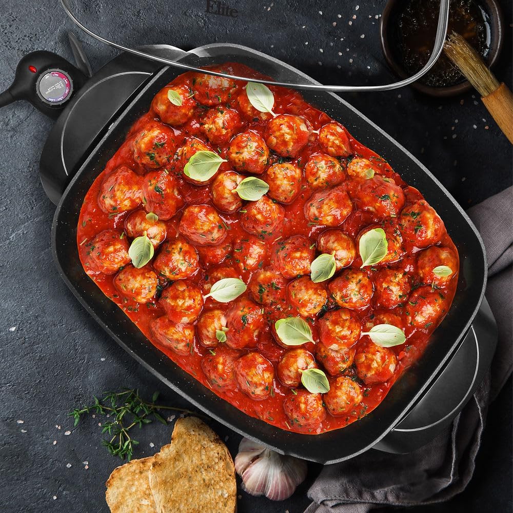 NEW - Elite Gourmet EG-6203# Extra Deep 16"x13"x3.2" (10.5Qt.) Scratch Resistant, Easy Pour Spout Dishwasher Safe, Non-stick Electric Skillet with Glass Vented Lid, Adjustable Temperature, Black - Retail $59