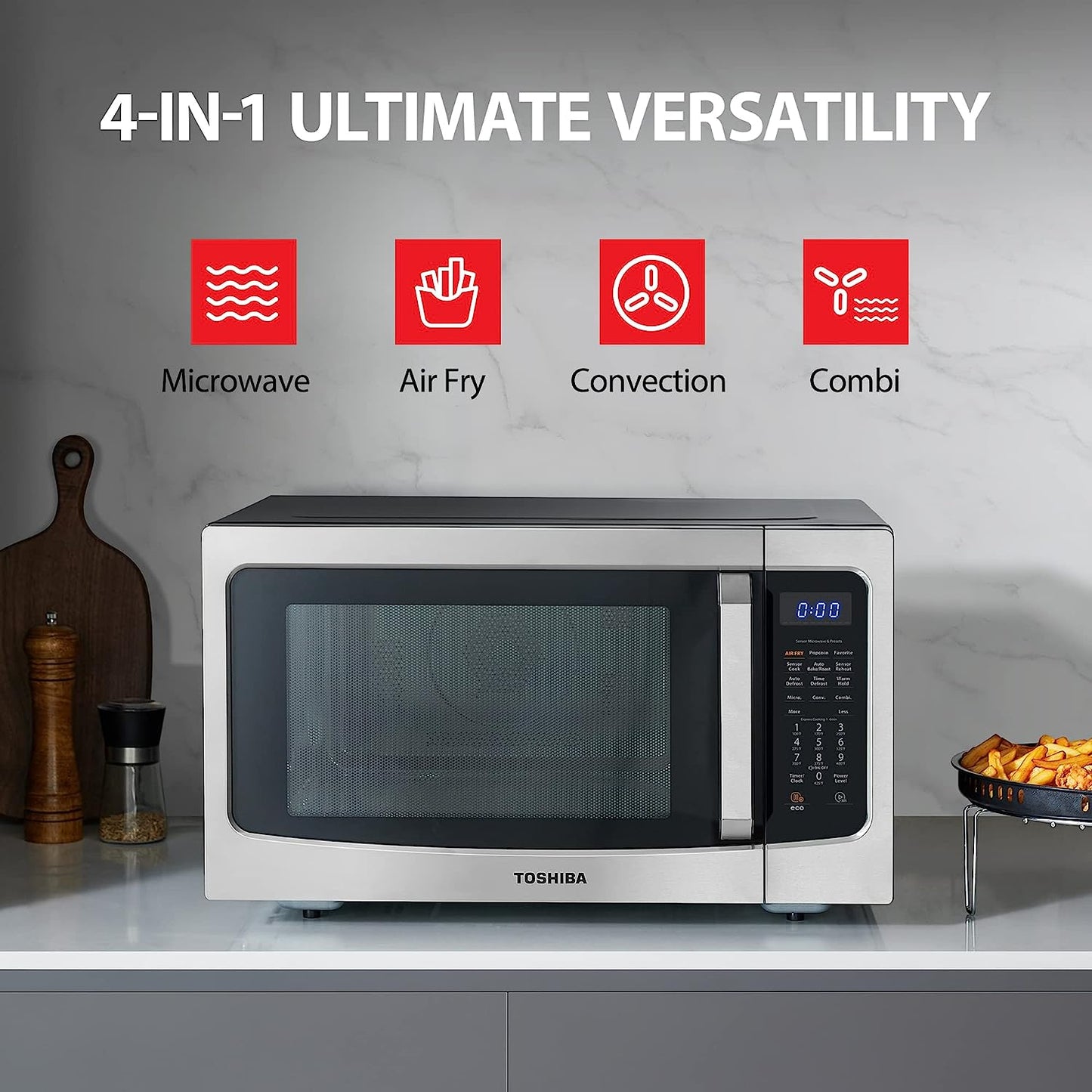 NEW - Toshiba 4-in-1 ML-EC42P(BS) Countertop Microwave Oven, Smart Sensor, Convection, Air Fryer Combo, Mute Function, Position Memory 13.6" Turntable, 1.5 Cu Ft, 1500W, Black
