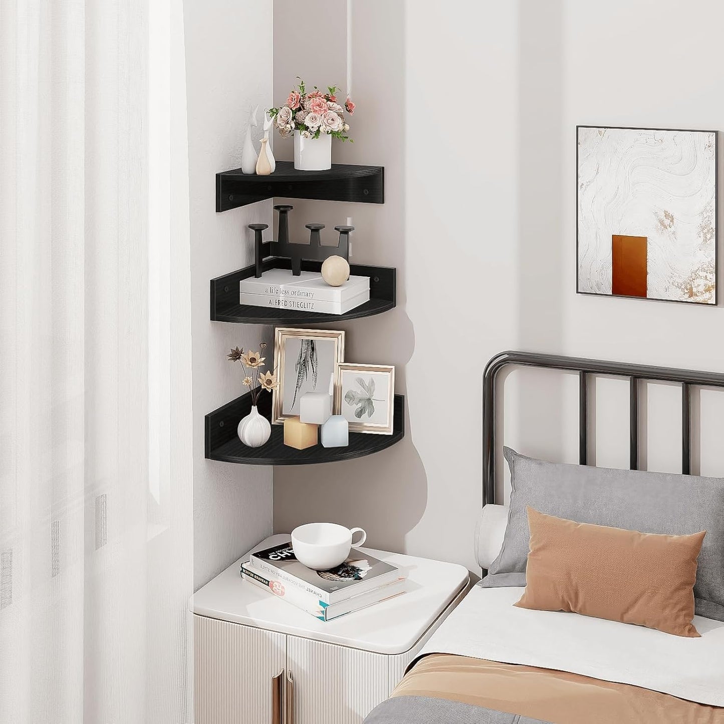 Homode Black Corner Floating Shelves, Set of 3 Corner Shelves Wall Mounted with Cable Hole