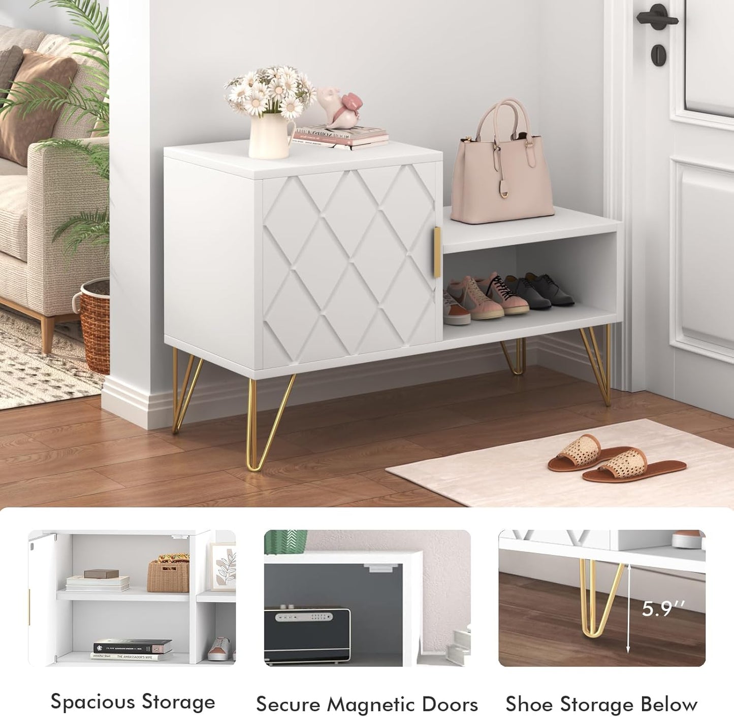 yoyomax Storage Bench with 2 Compartments & Adjustable Shelf, Holds up to 350lb Shoe Rack for Entryway/Hallway(30in, White)