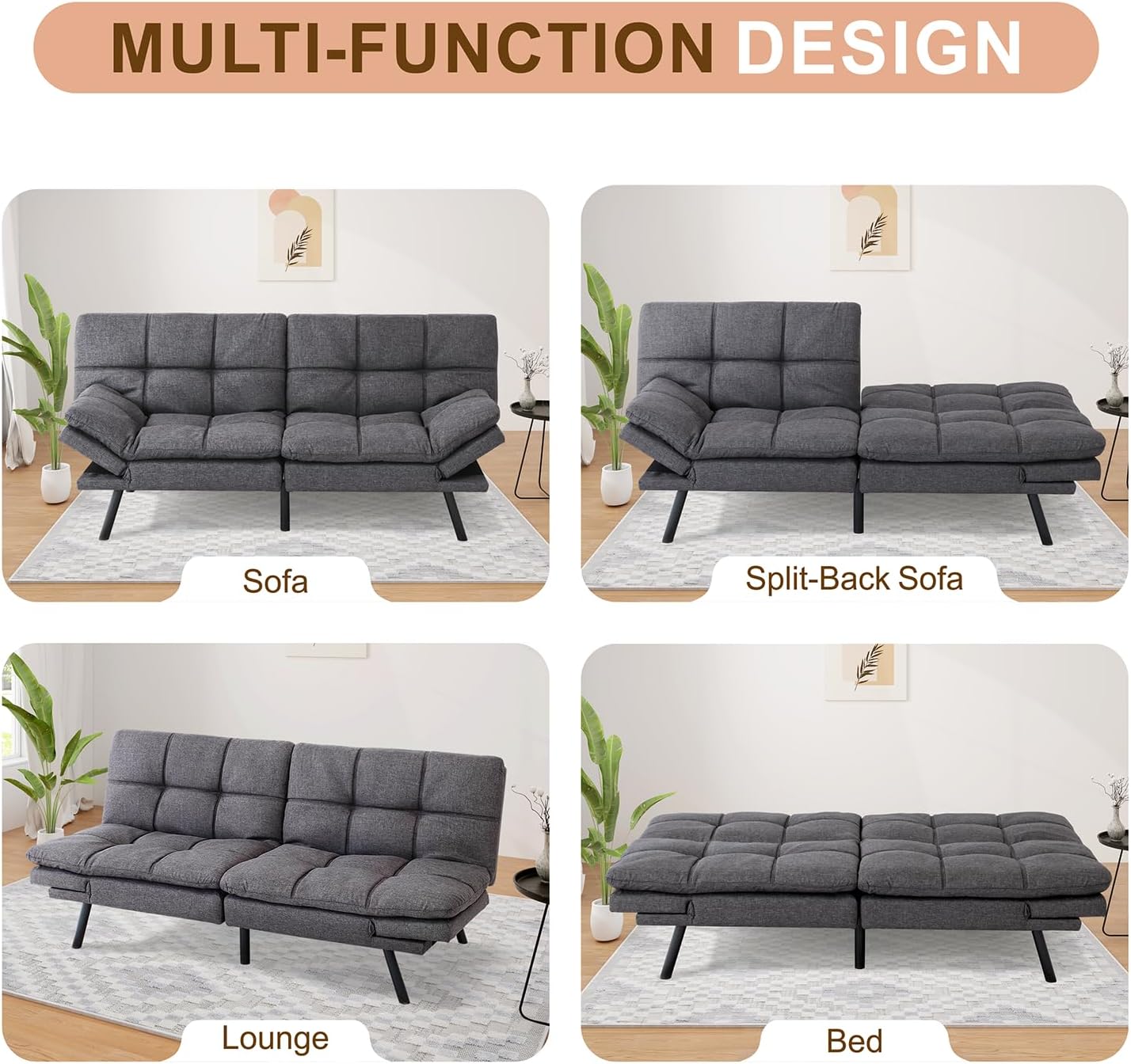 NEW - MUUEGM Futon Sofa Bed, Memory Foam Futon Sleeper Sofa Convertible Couch Fabric 71 Inch Futons with ArmRest, Metal Legs, Living Room Small & Compact Spaces, Easy Assemblyï¼ŒGrey - Retail $284