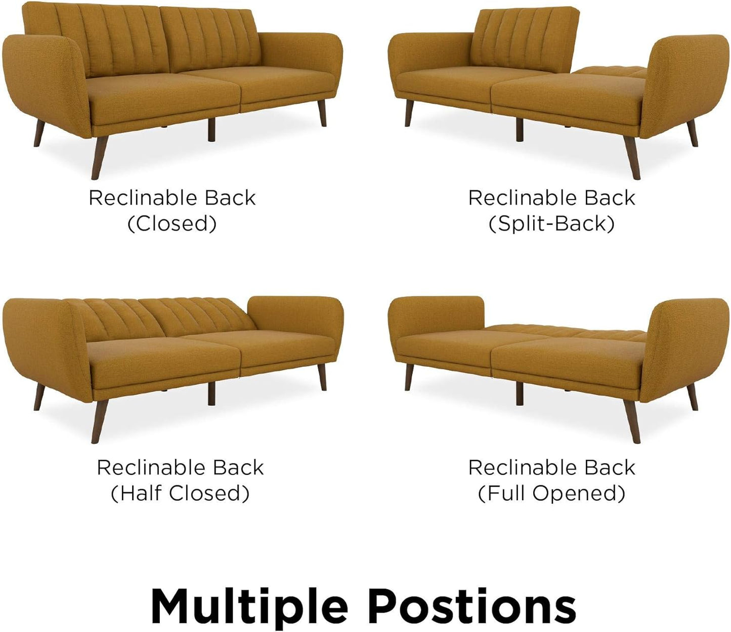 NEW - Novogratz Brittany Sofa Futon - Premium Upholstery and Wooden Legs - Mustard - Retail $232