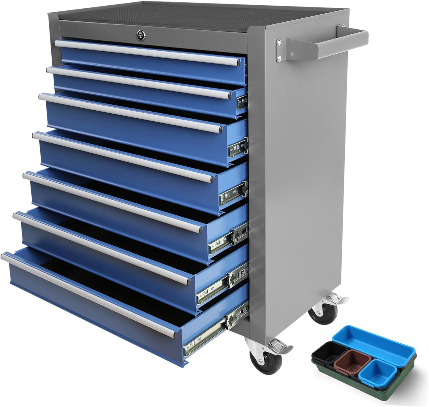 NEW - 7-Drawer Tool Chest with Wheels, Rolling Tool Chest with Drawers, Top Cushion & 7PCS Tray Divider Set, Multifunctional Craftsman Tool Storage Chest for Garage, Warehouse, Workshop, Repair Shop,Blue - Retail $209