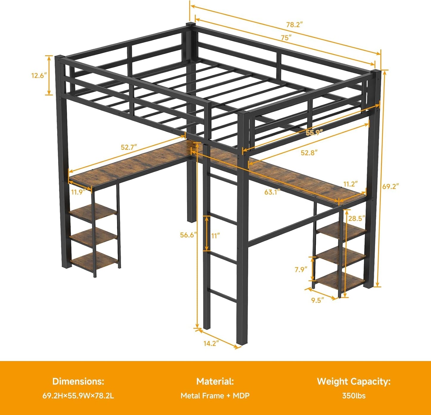 Heavy Duty Metal Full Size Loft Bed with Desk and Shelves, Loft Bed with Ladder and Guardrails, Loft Bed Frame for Bedroom, Black with Vintage Wood-Colored Desk and Open Storage Shelves