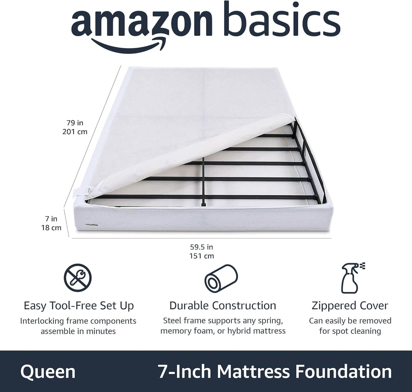 Amazon Basics Smart Box Spring Bed Base, 7-Inch Height Mattress Foundation, Tool-Free Easy Assembly, Queen, 79"L x 59.5"W x 7"H, White - Retail $120