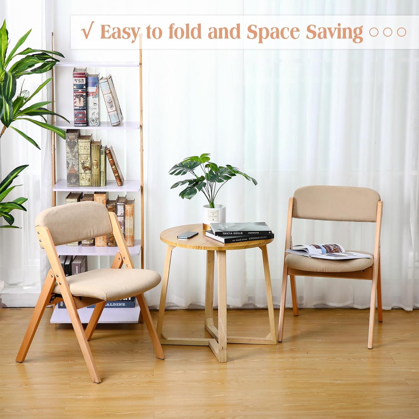 NEW - Kigley 2 Pack Folding Chairs with Padded Seats and Removable Cover, Wooden Foldable Dining Chairs Stackable Padded Single Folding Chairs for Home Office Wedding Party Events Indoor (Khaki) - Retail $197