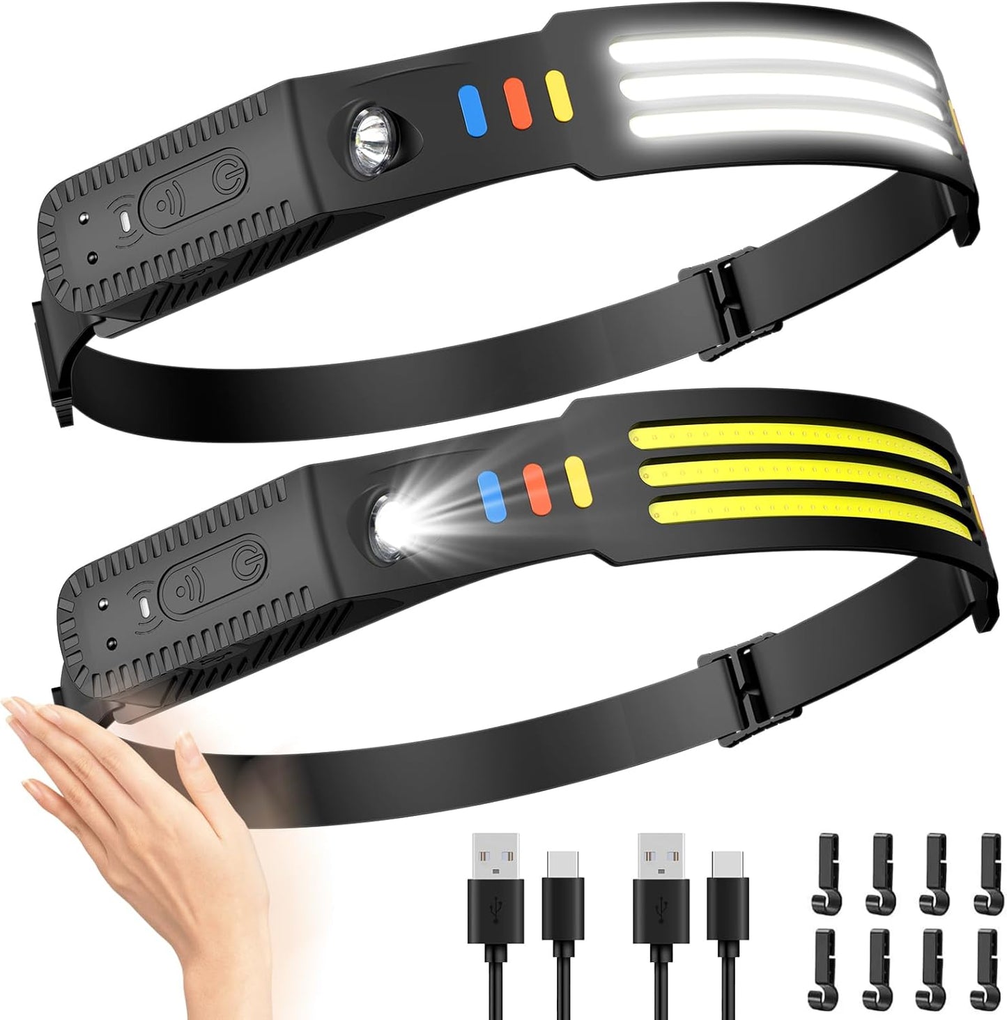 LED Rechargeable Headlamp 2PCS, 230° Wide Beam Head Lamp, COB Bright Head Light with Motion Sensor, 5 Modes IPX4 Waterproof Forehead Light, Perfect Accessory for Camping Hiking Fishing