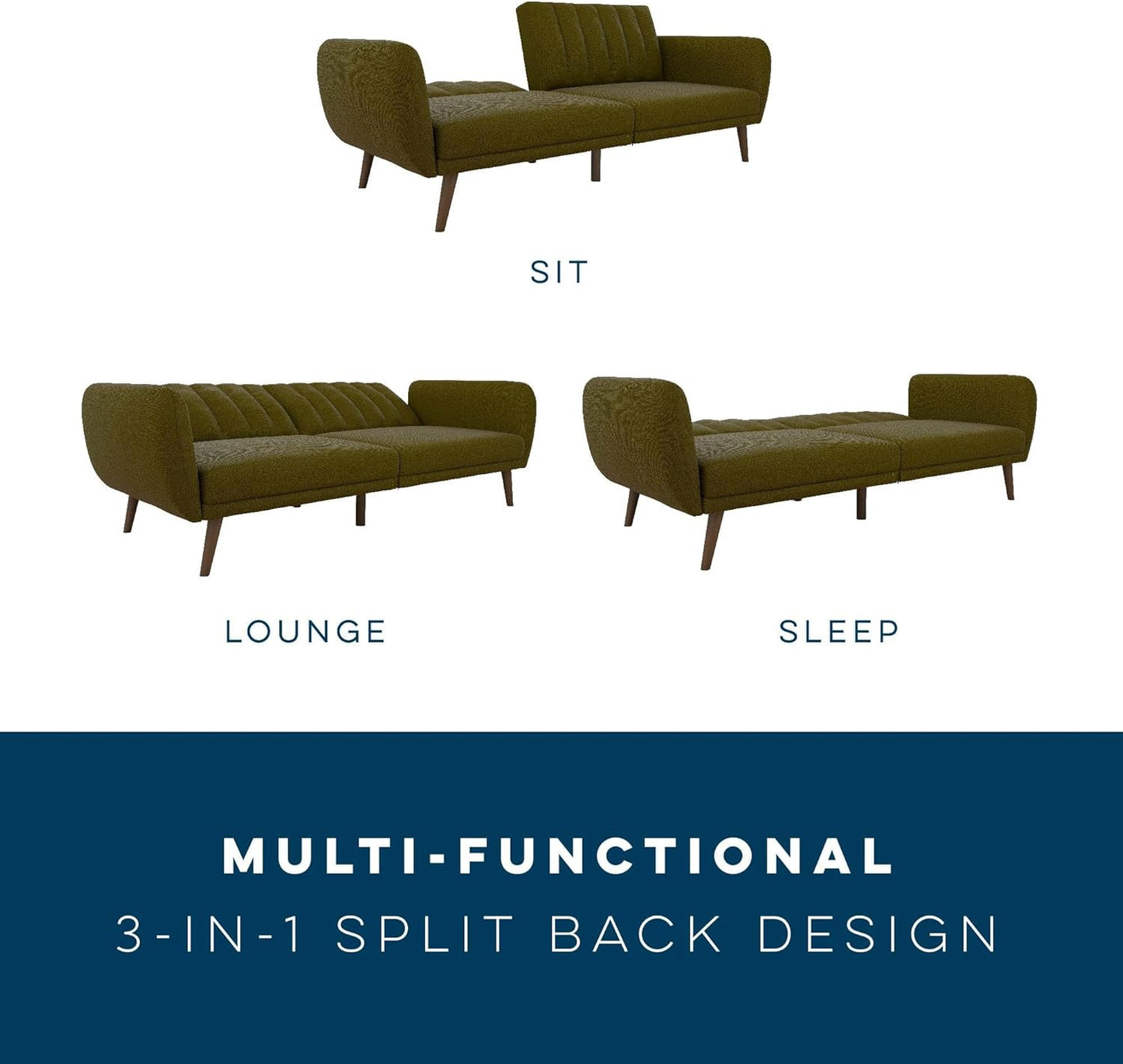 Novogratz Brittany 82 Inch Futon Sofa Bed in Faux Leather, Upholstered Couch Sleeper with Tufted Back, Mid-Century Modern Design, Green