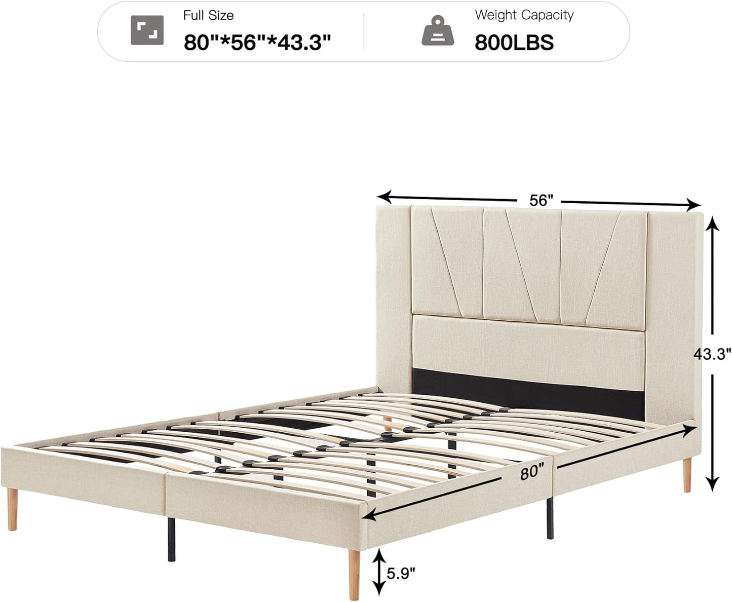 NEW - Flolinda FULL Size Bed Frame Upholstered Platform with Linen Fabric Headboard and Strong Wooden Slats, No Box Spring Needed, Easy Assembly,Beige - Retail $149